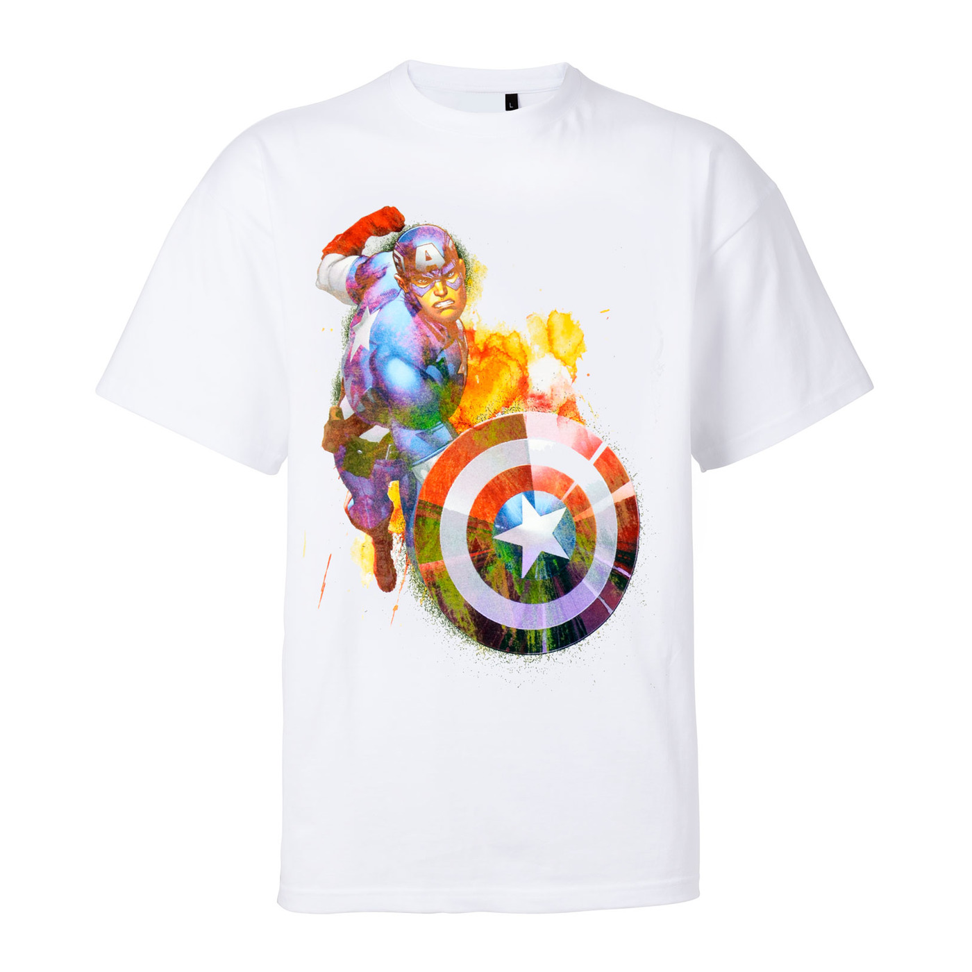 Weißes Captain America T-Shirt mit einem farbenfrohen Grafik von Captain America und seinem Schild.
