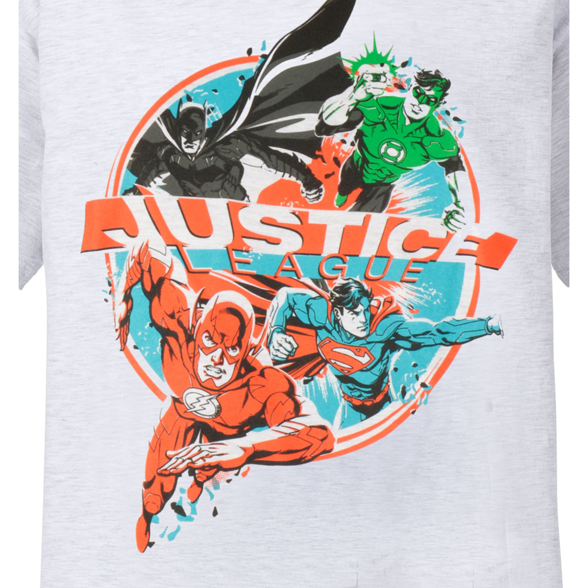 Ein hellgraues T-Shirt mit einer Justice League Comic-Grafik auf der Vorderseite.