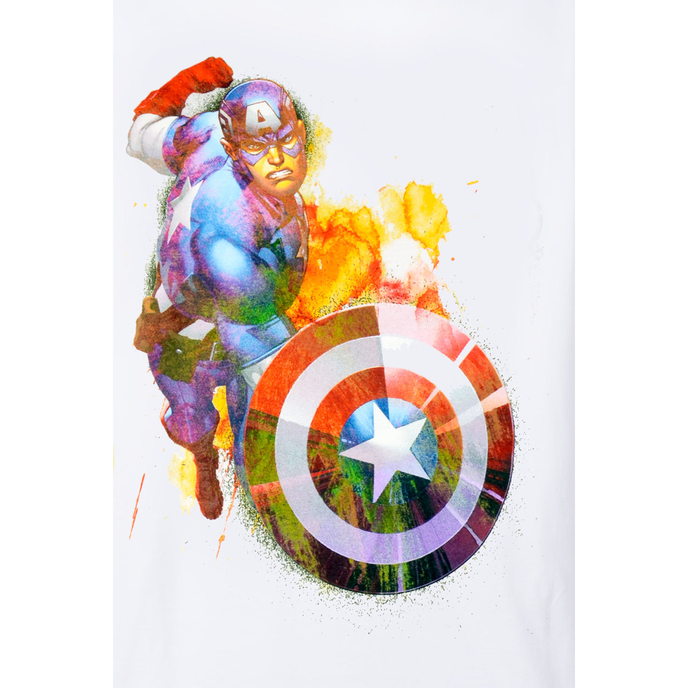 Captain America mit Schild in Aktion. Farbspritzer auf weißem Hintergrund.