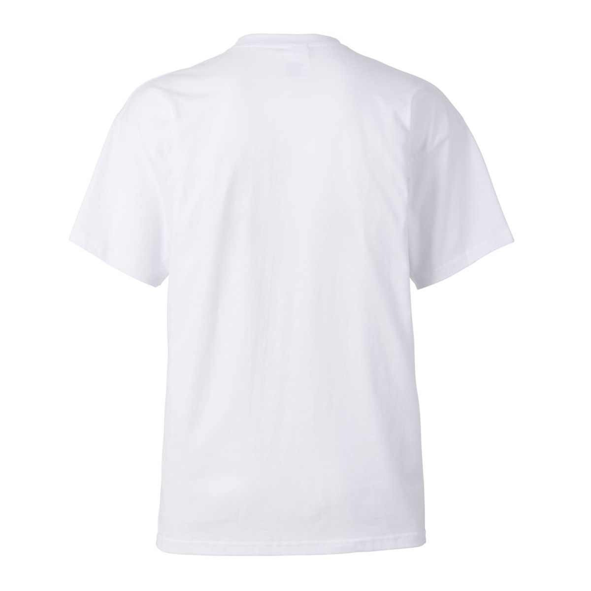Rückansicht eines weißen T-Shirts auf weißem Hintergrund. Das T-Shirt ist schlicht.