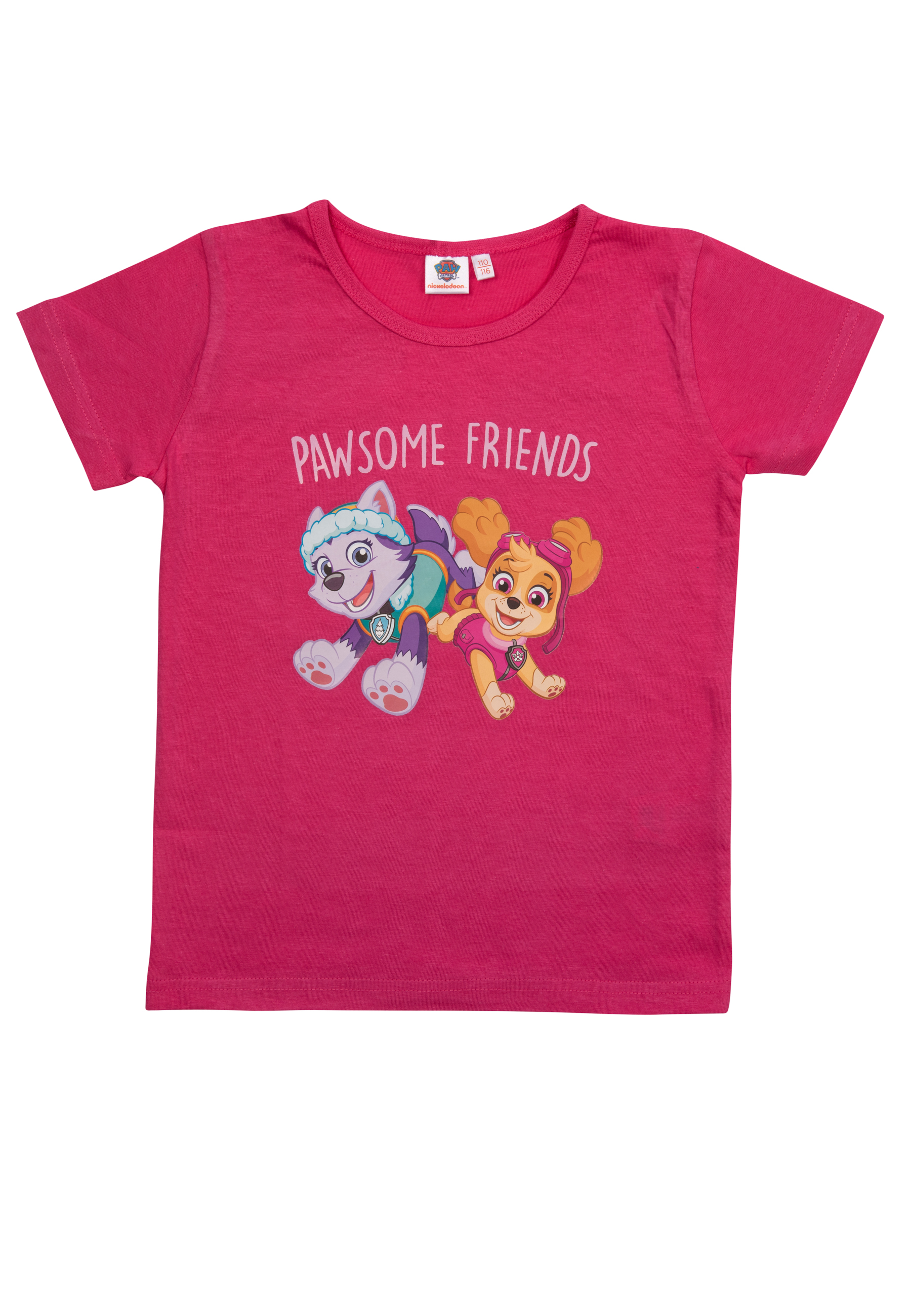 Ein pinkfarbenes Paw Patrol T-Shirt mit einer Skye- und Everest-Grafik und dem Text: PAWSOME FRIENDS.