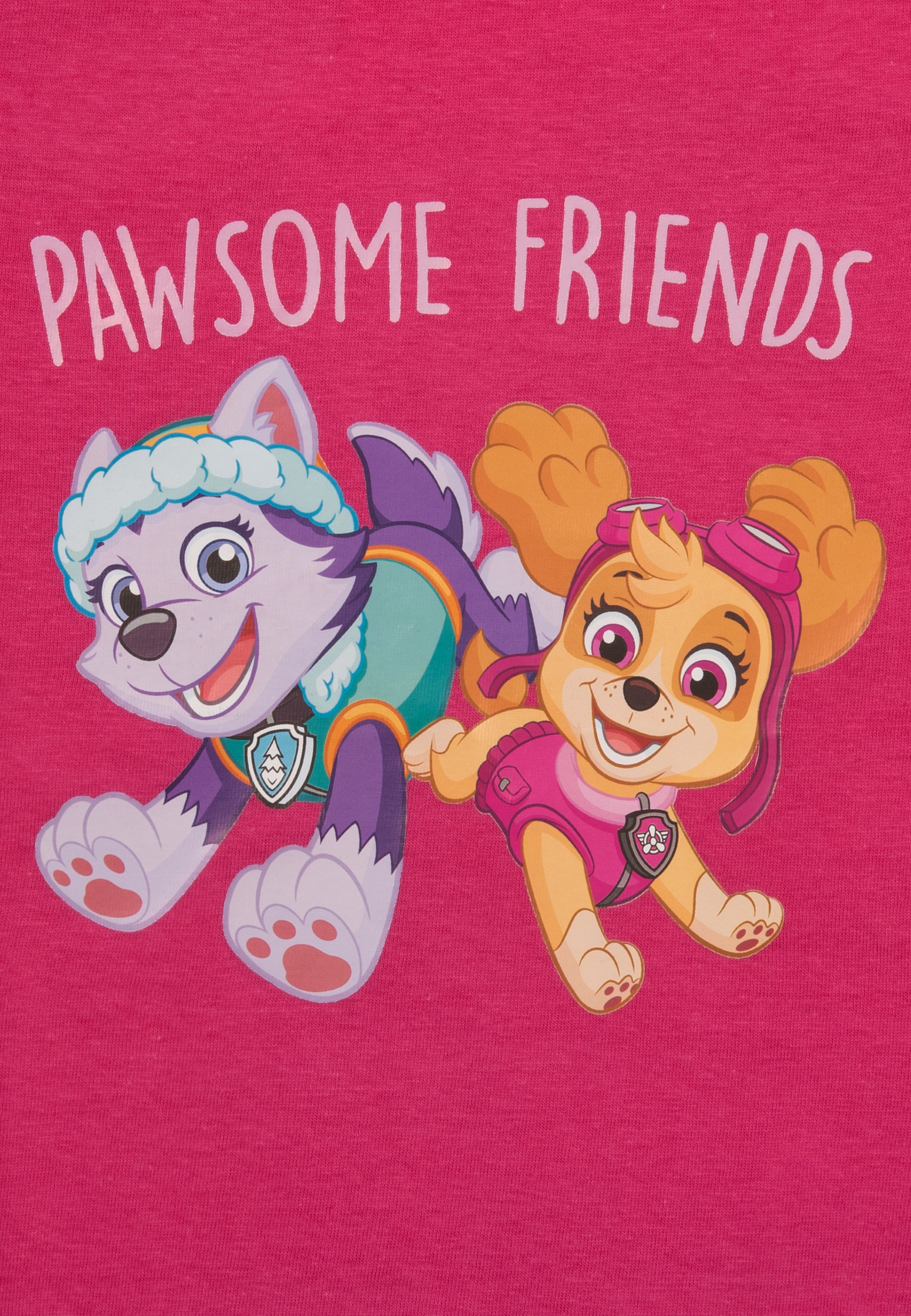 Rosa Shirt mit Paw Patrol-Charakteren. Zwei Hunde, Skye und Everest, lächeln. Die Worte Pawsome Friends sind gedruckt.