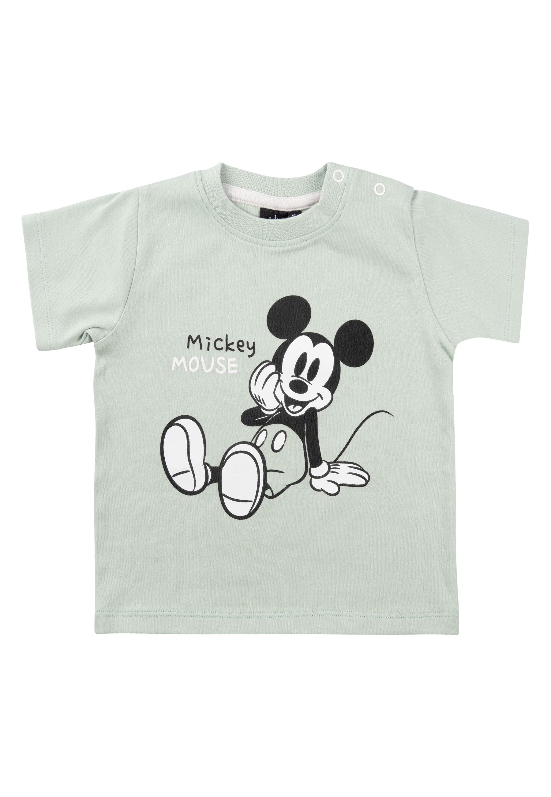 Ein hellgrünes T-Shirt mit Mickey Mouse-Cartoon darauf.