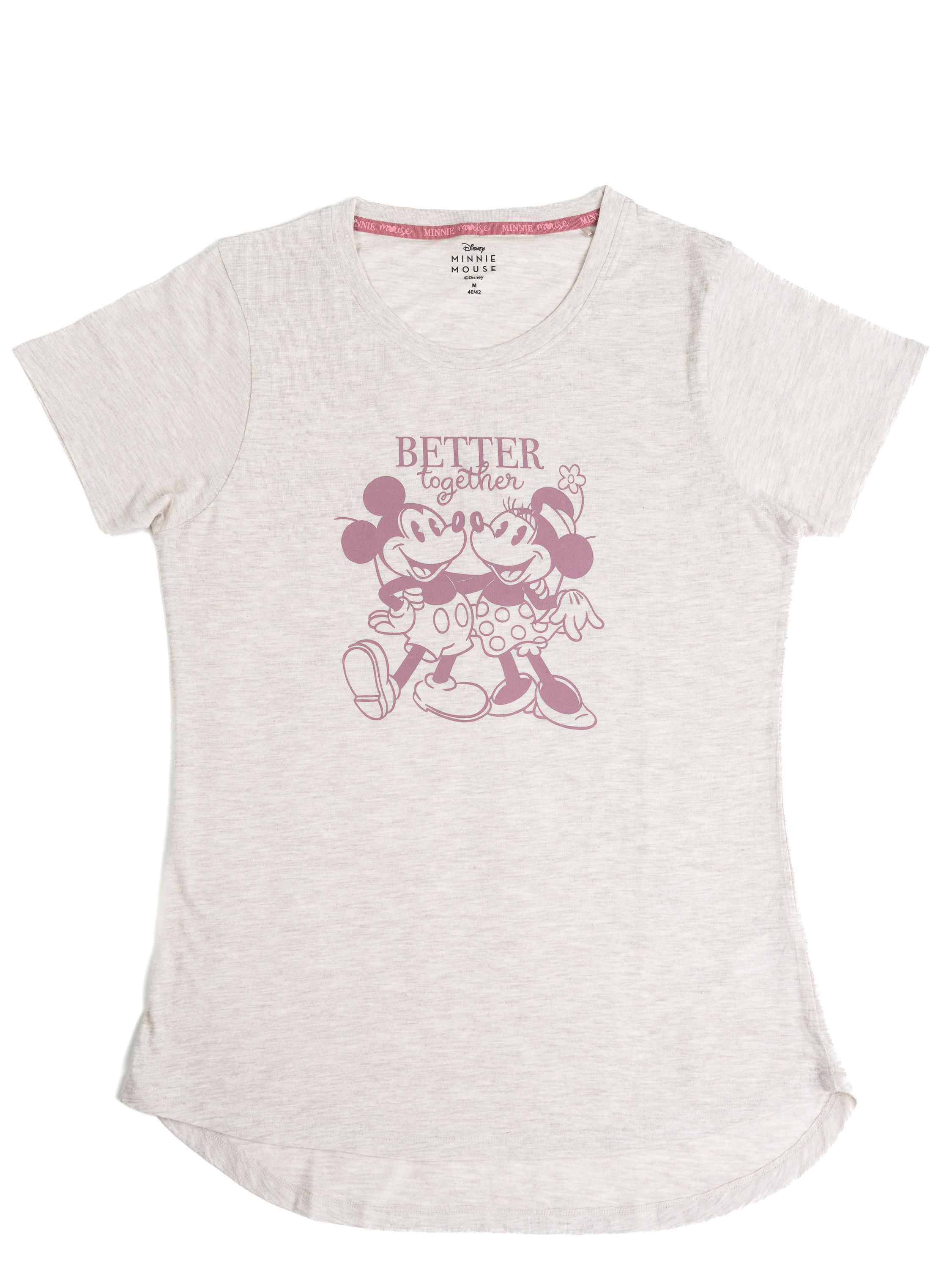 Hellgraues T-Shirt mit Mickey und Minnie Mouse, die sich umarmen, und der Aufschrift 'BETTER TOGETHER'.