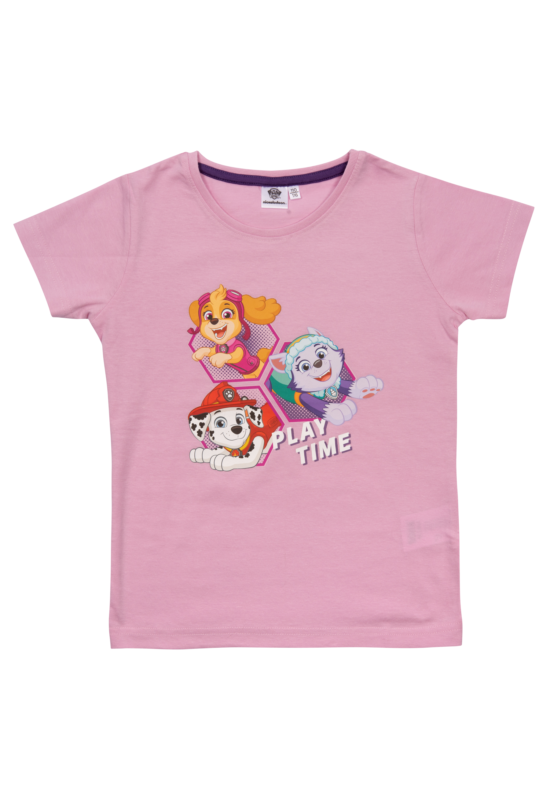Rosa T-Shirt mit Paw Patrol Figuren. Skye, Everest und Marshall sind in sechseckigen Formen.