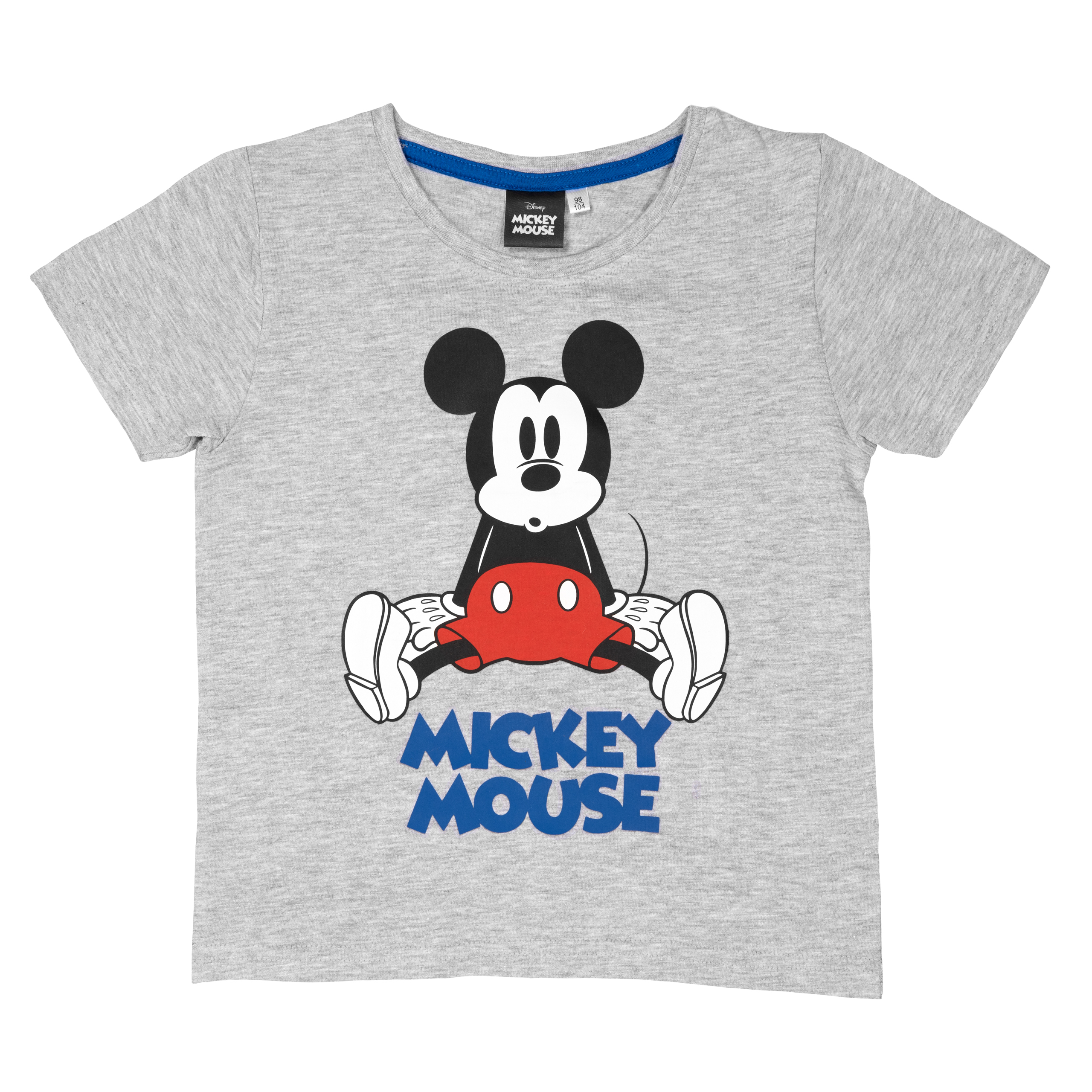 Ein graues T-Shirt mit einer Mickey-Mouse-Grafik und den Worten 'MICKEY MOUSE' darunter.