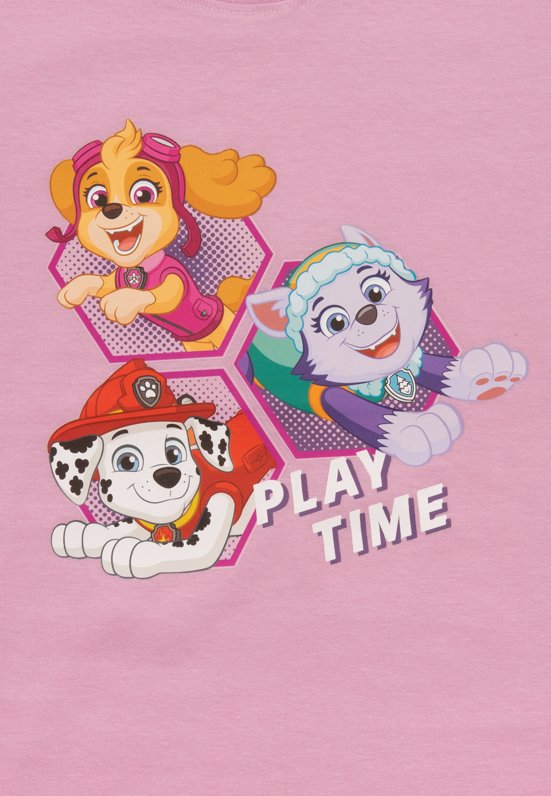 Rosa T-Shirt mit drei Cartoon-Welpen und den Worten 'PLAY TIME' in weißen Buchstaben.