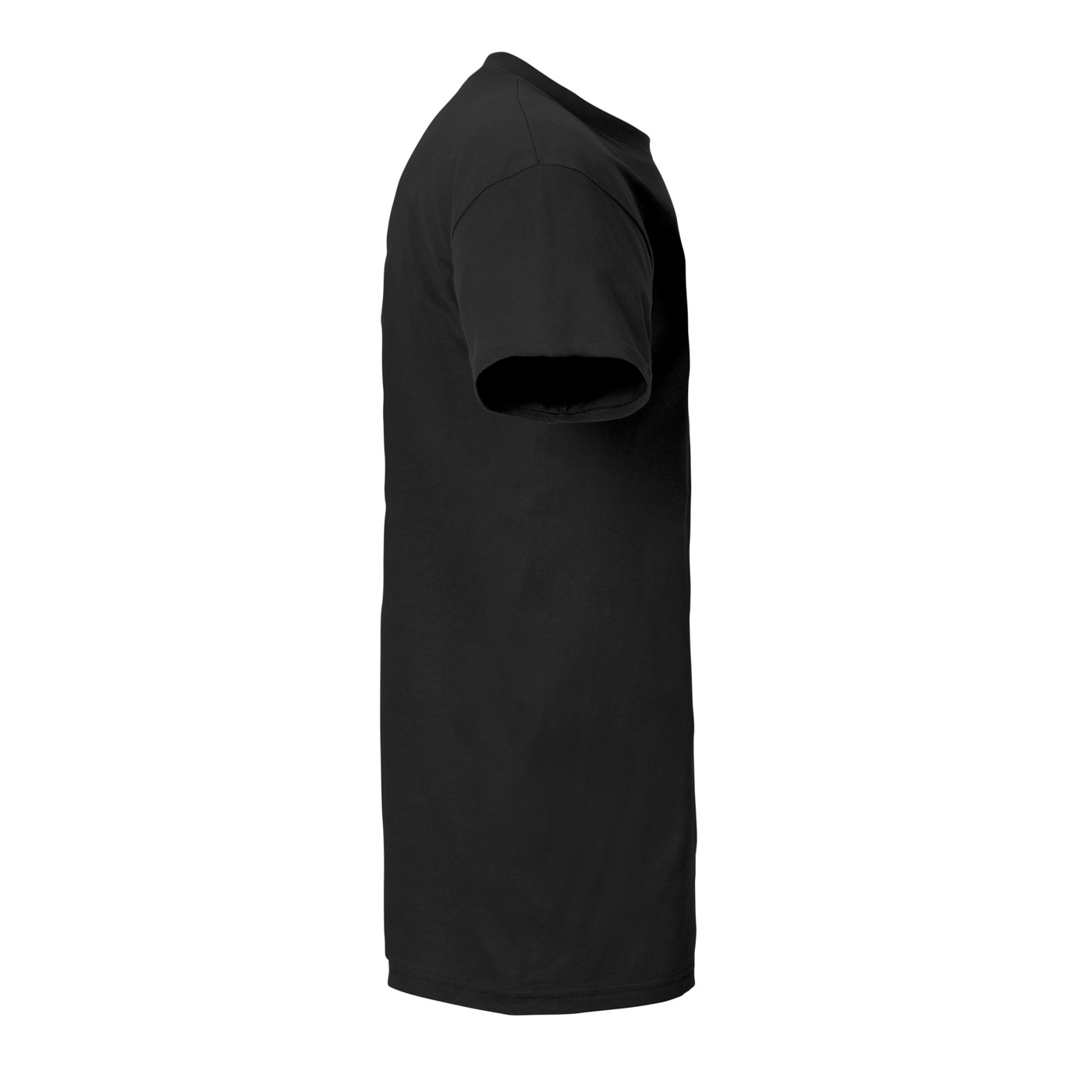 Ein schlichtes schwarzes T-Shirt. Seitenansicht. Isoliert auf weißem Hintergrund.