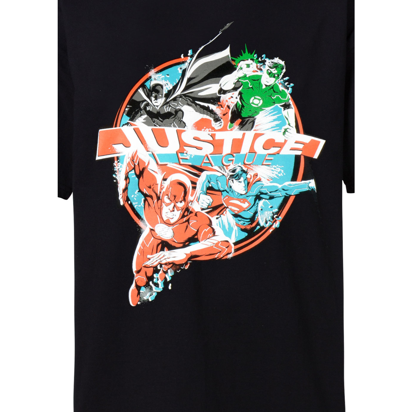 Schwarzes T-Shirt mit Justice League-Grafik. Zeigt Flash, Superman und Green Lantern.
