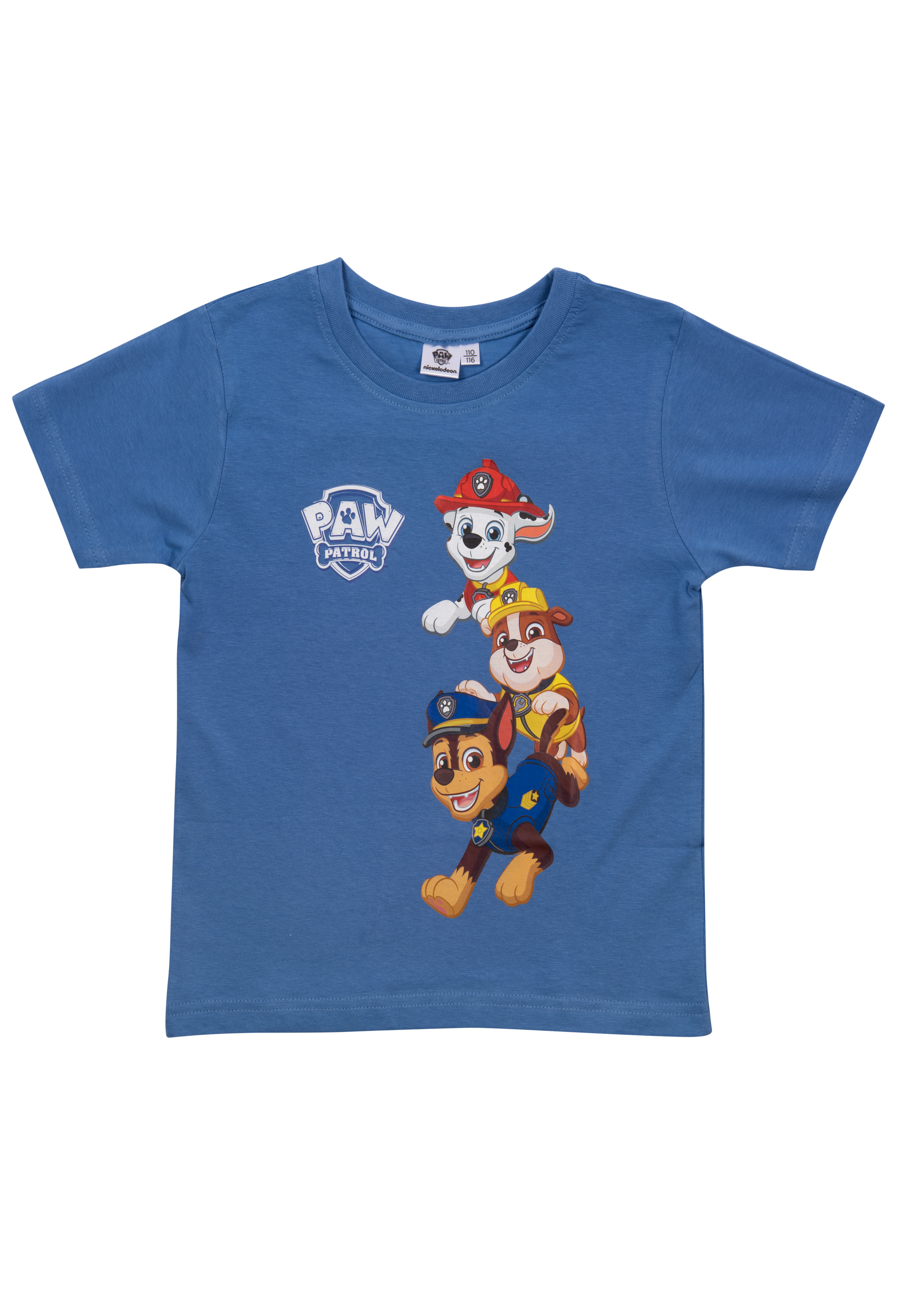 Ein blaues Paw Patrol T-Shirt mit drei Zeichentrickhunden und dem Paw Patrol Logo auf der Vorderseite.