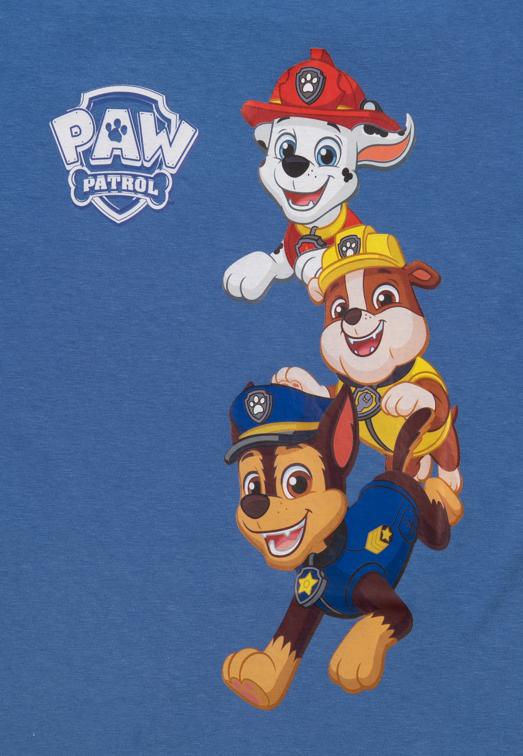 Paw Patrol-Charaktere (Chase, Marshall und Rubble) auf blauem Hintergrund, Cartoon-Stil.