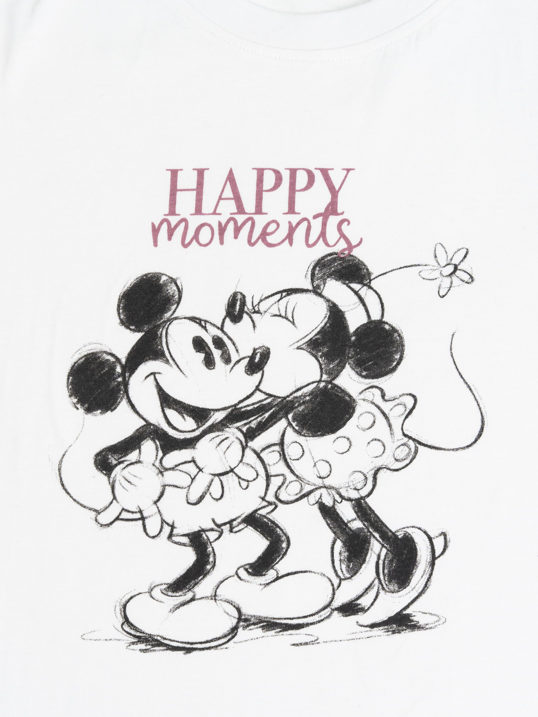 Schwarz-Weiß-Skizze von Mickey und Minnie Mouse, die sich küssen. Text oben lautet 'HAPPY moments'.
