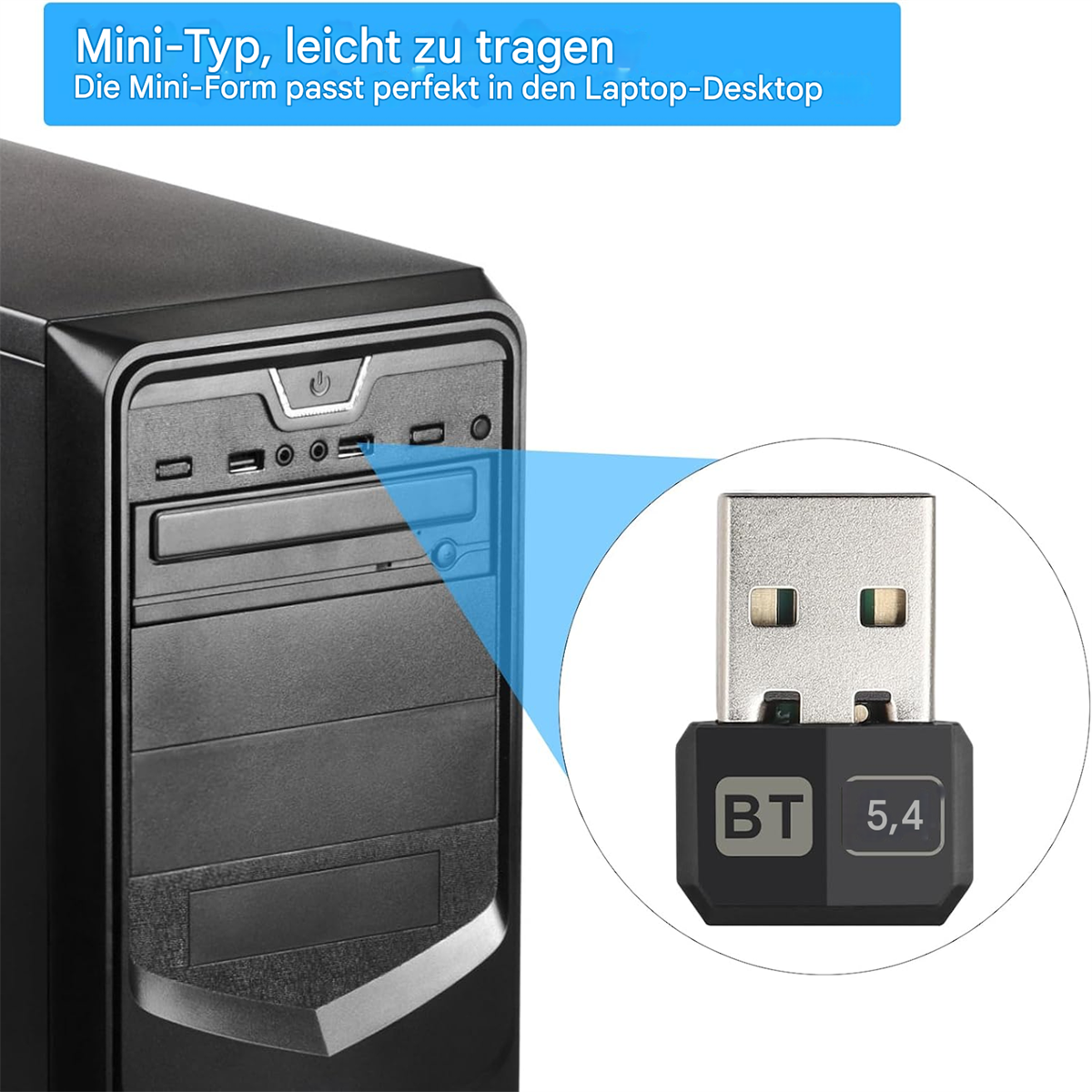 Schwarzer Computer Tower mit Bluetooth-Adapter. Adapter hat BT 5.4 Text.