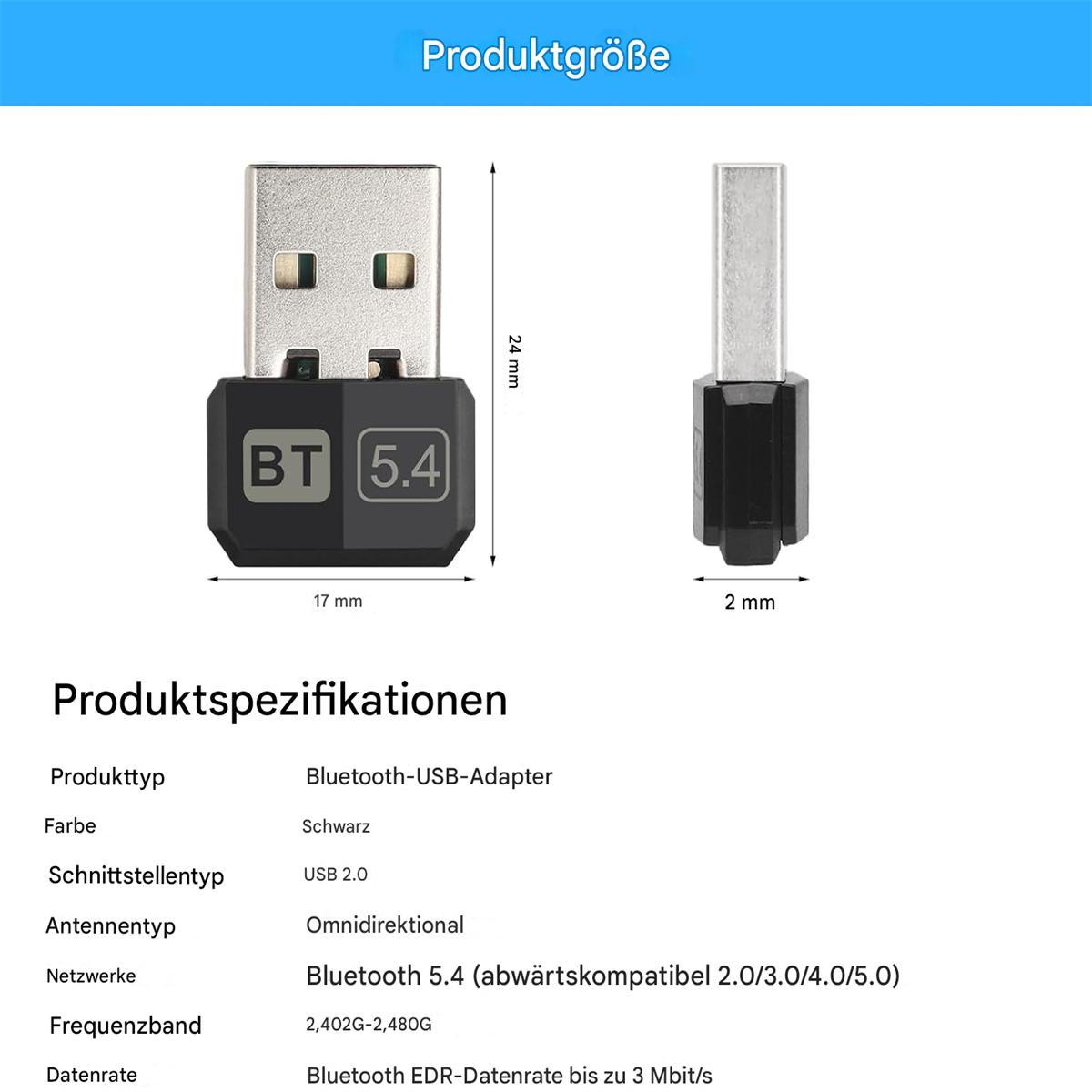 Schwarzer USB-Bluetooth-Adapter mit den Maßen: 17 mm breit, 24 mm hoch und 2 mm dick.