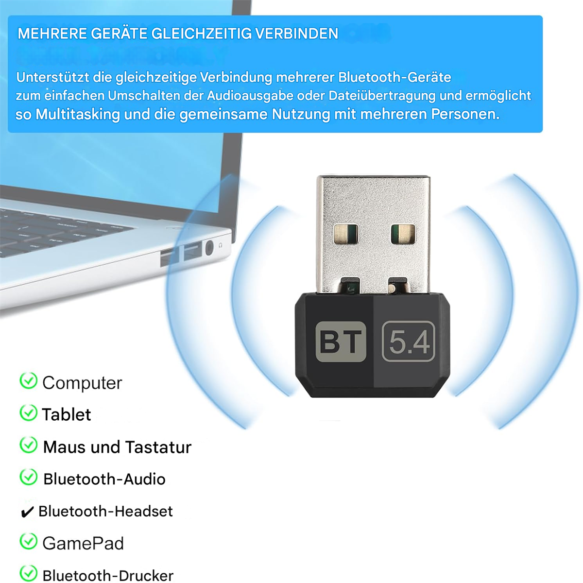 Ein USB-Bluetooth-Adapter. Das Bild zeigt einen Laptop und eine Liste von Geräten.