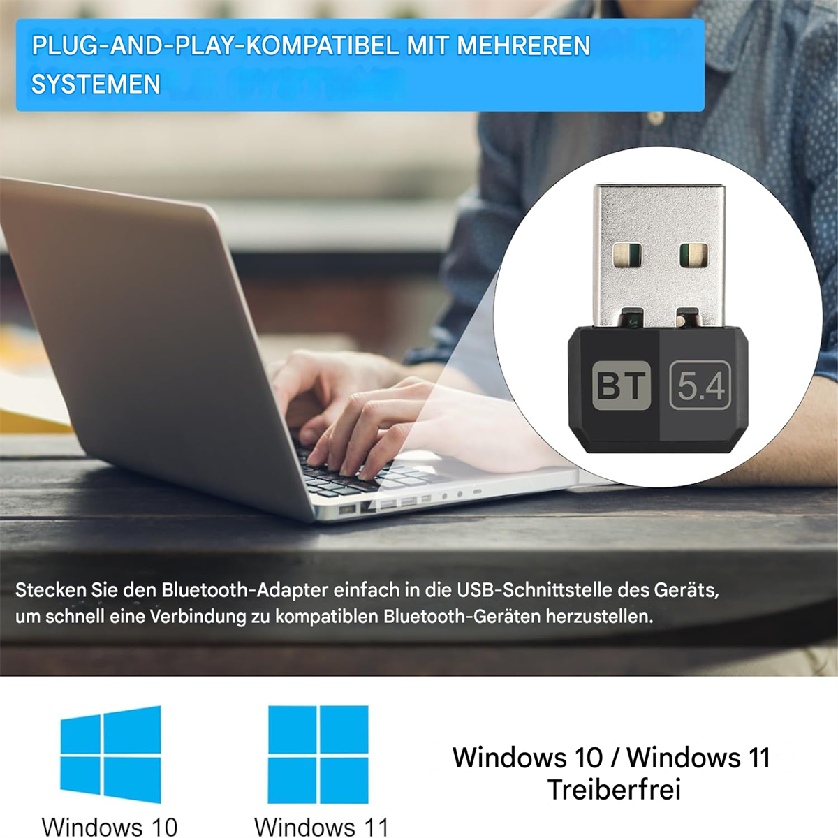 Bluetooth-Adapter an Laptop angeschlossen, mit Text und Windows-Symbolen.