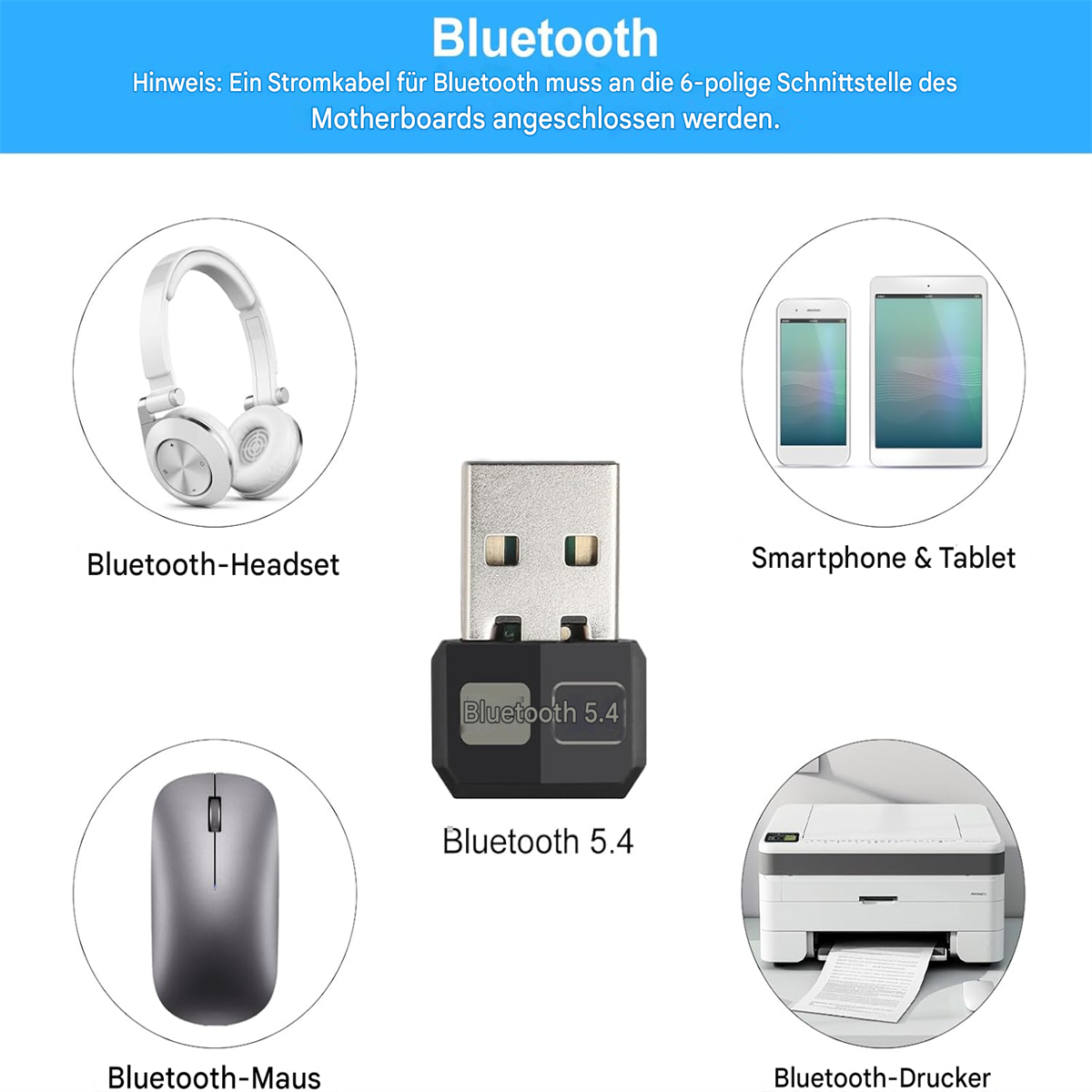 Ein drahtloser Bluetooth-Adapter, Headset, Maus, Tablet, Smartphone und Drucker werden gezeigt.