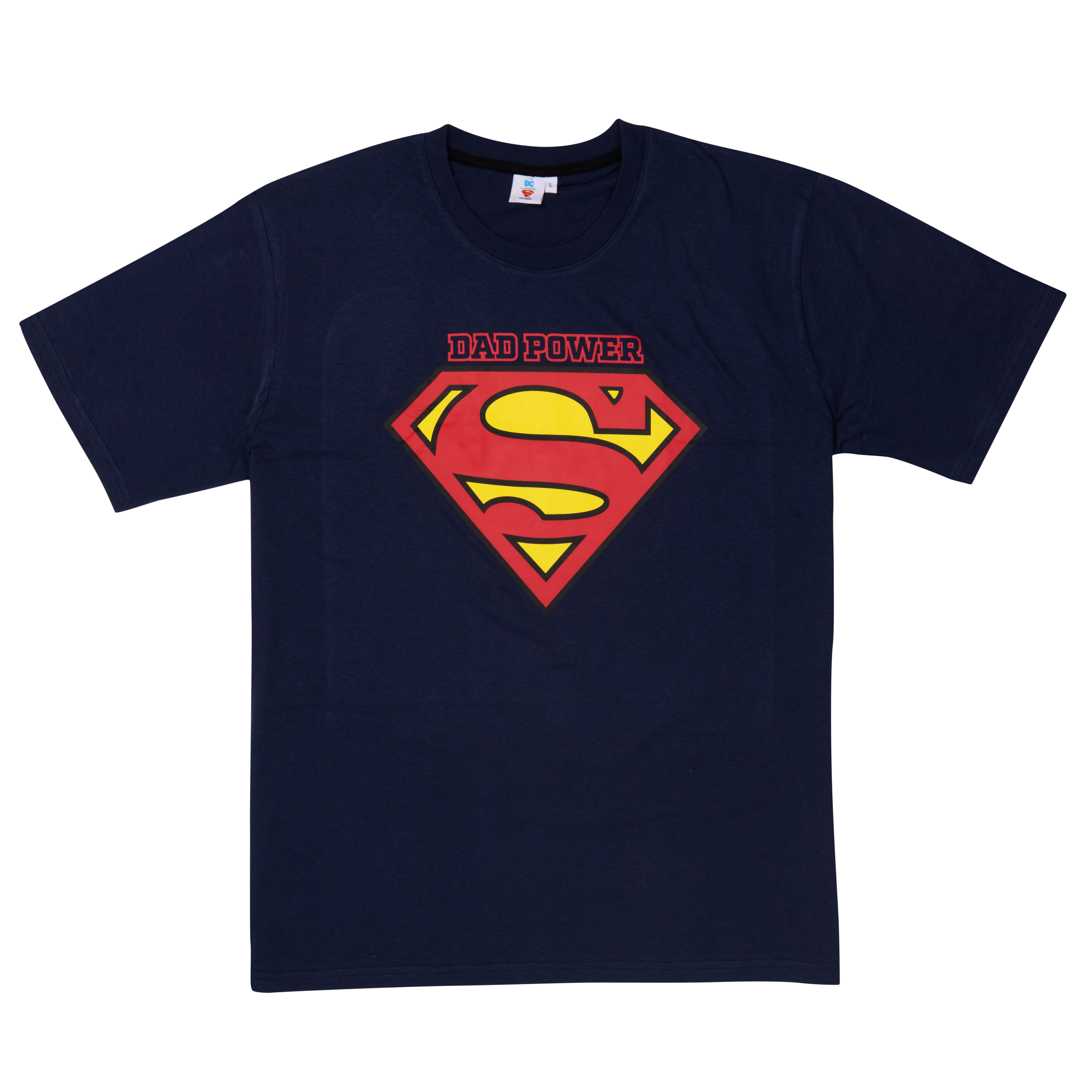 Marineblaues T-Shirt mit Superman-Logo und "DAD POWER". Weißer Hintergrund.