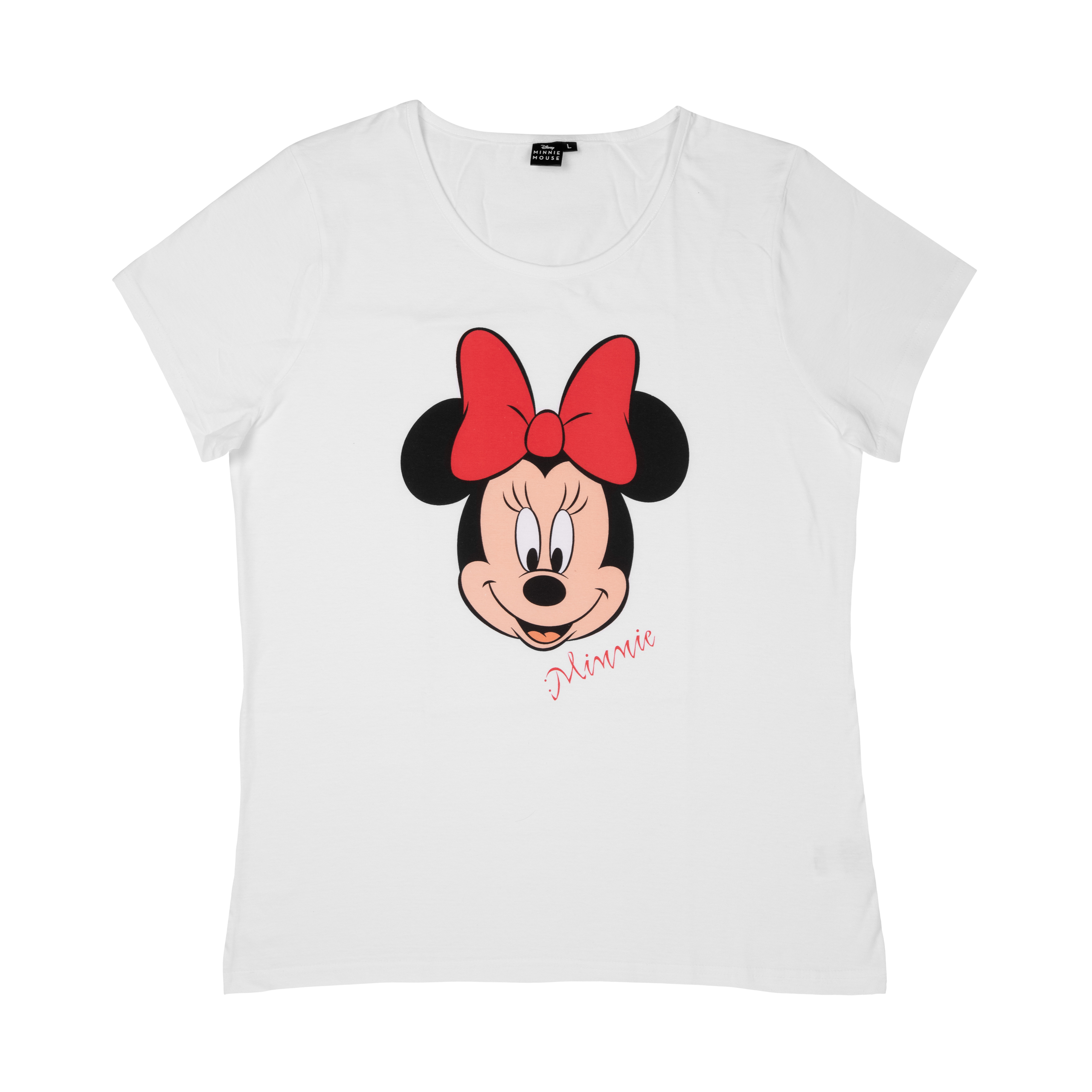 Weißes Minnie-Maus-T-Shirt mit roter Schleife. Minnies Gesicht ist zentriert mit ihrem Namen darunter.
