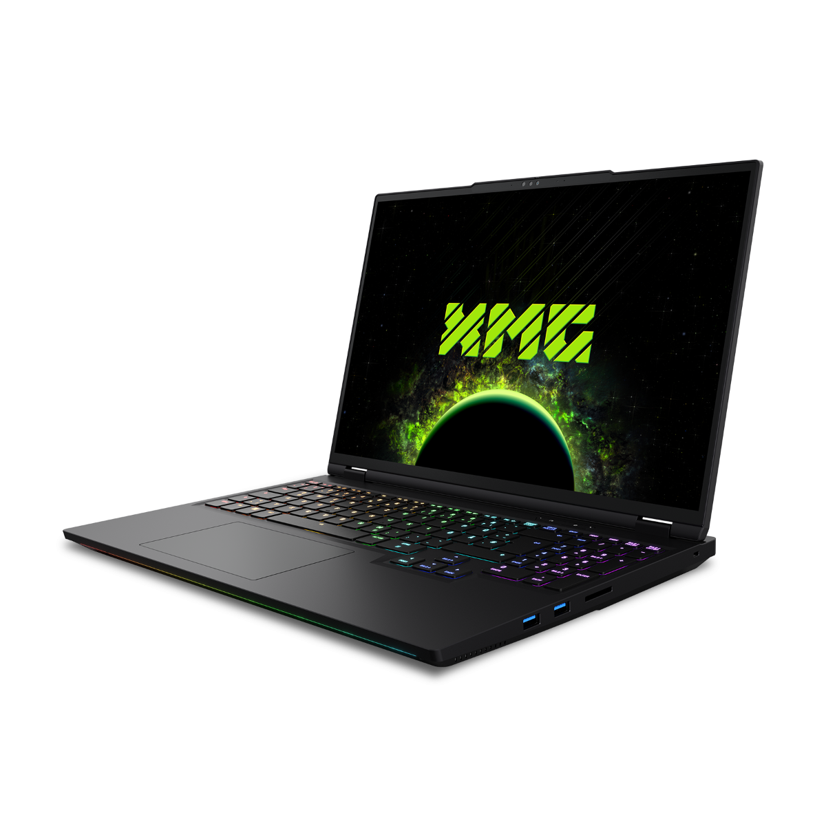 Czarny laptop z podświetlaną klawiaturą. Wyświetla zielono-żółte logo na ekranie.