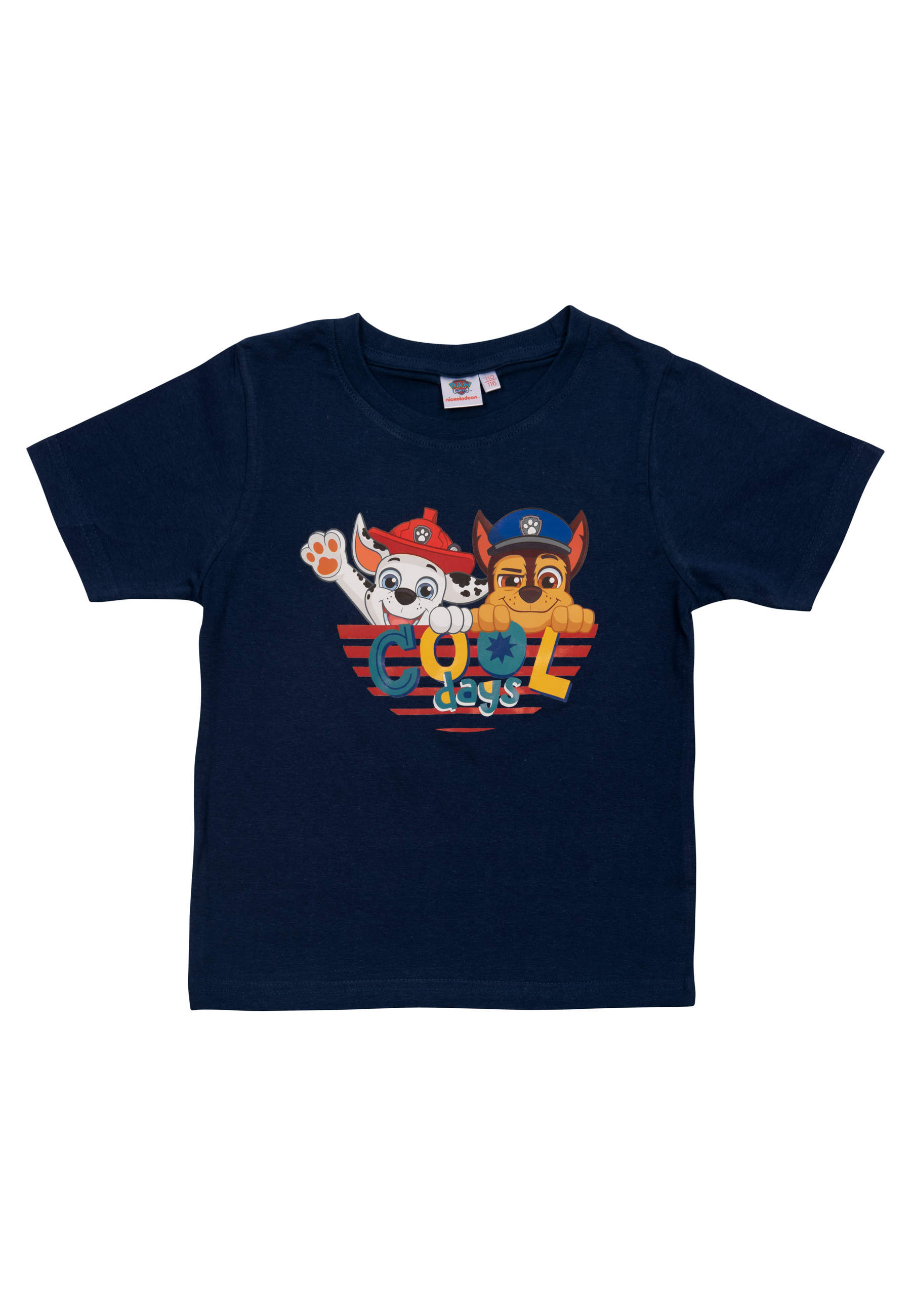 Marineblaues T-Shirt mit Cartoon-Hundfiguren und den Worten 'COOL DAYS'.