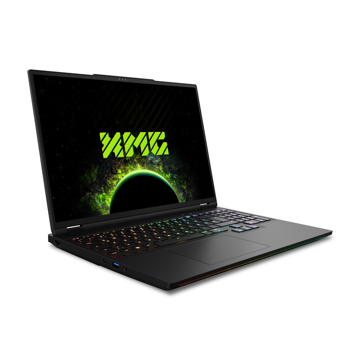 Czarny laptop do gier z kolorową klawiaturą i zielonym logo na ekranie.
