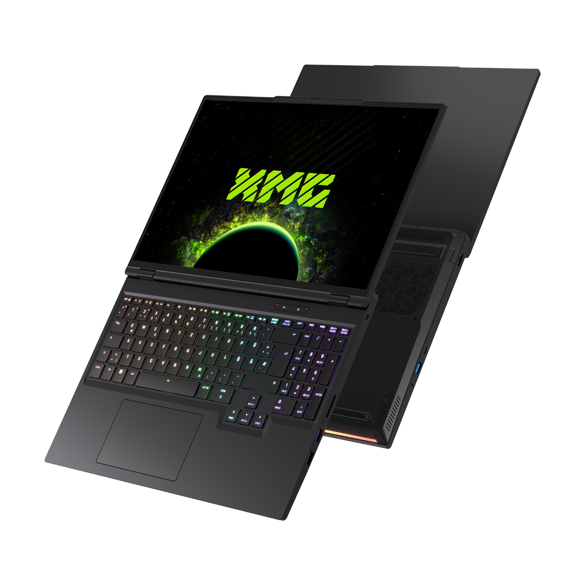 Czarny laptop z kolorową klawiaturą i zielono-czarnym ekranem, ustawiony pod kątem.
