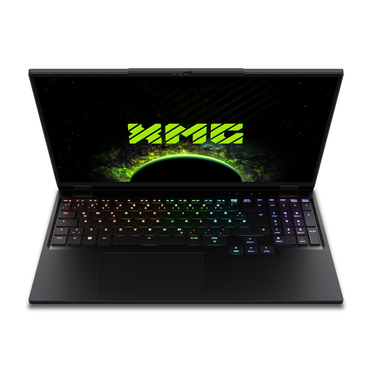 Otwarty czarny laptop z kolorową klawiaturą. Czarne tło.