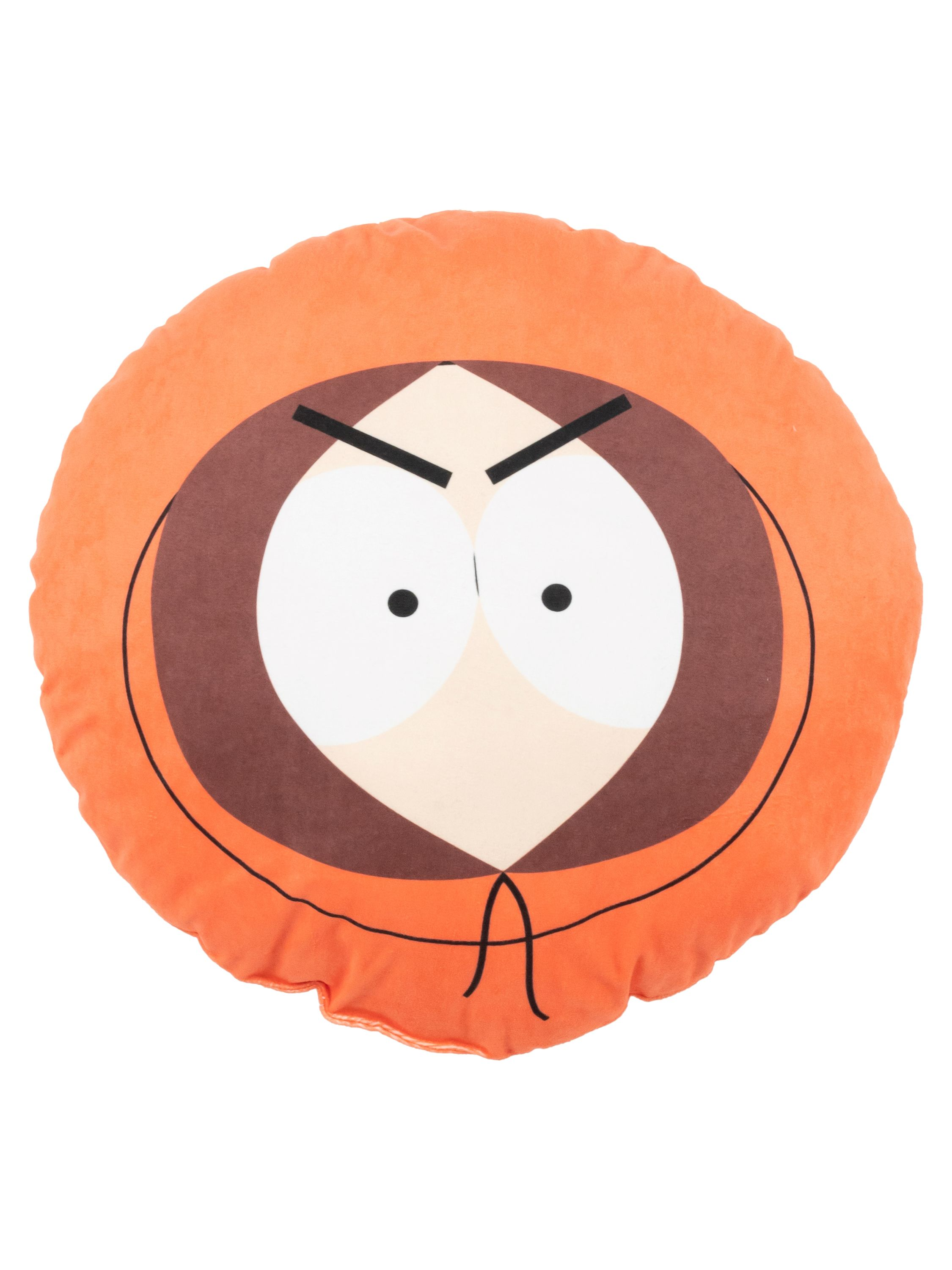 Rundes, orangefarbenes Kenny-Plüschkissen von South Park, mit brauner Kapuze, orangefarbener Jacke und wütendem Gesicht.