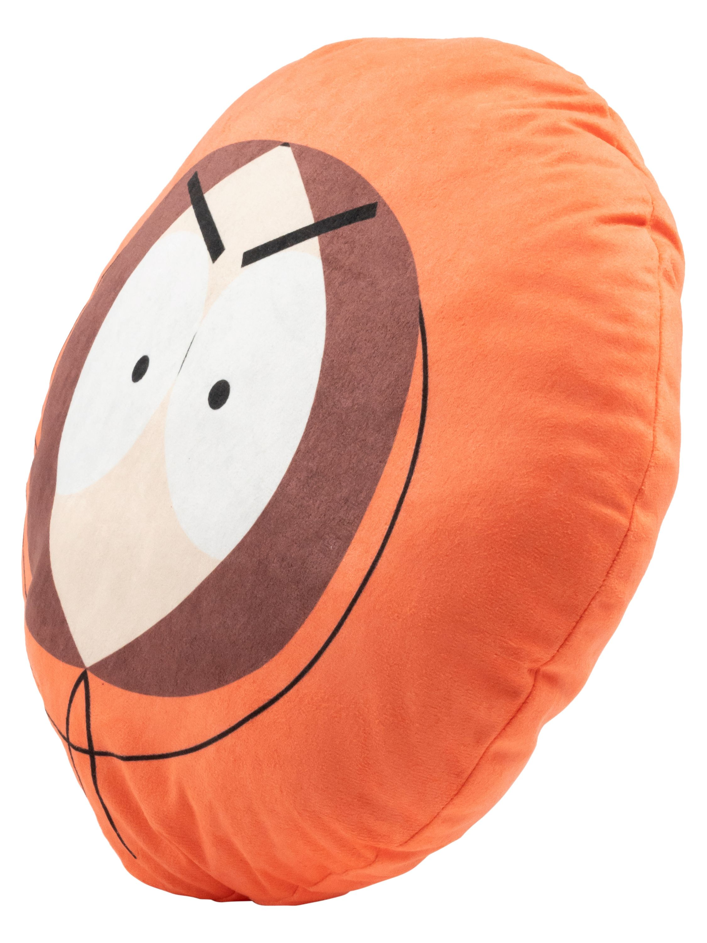 Ein orangefarbenes Plüschkissen in Form von Kenny aus South Park. Zeigt Kennys Gesicht mit brauner Kapuze.