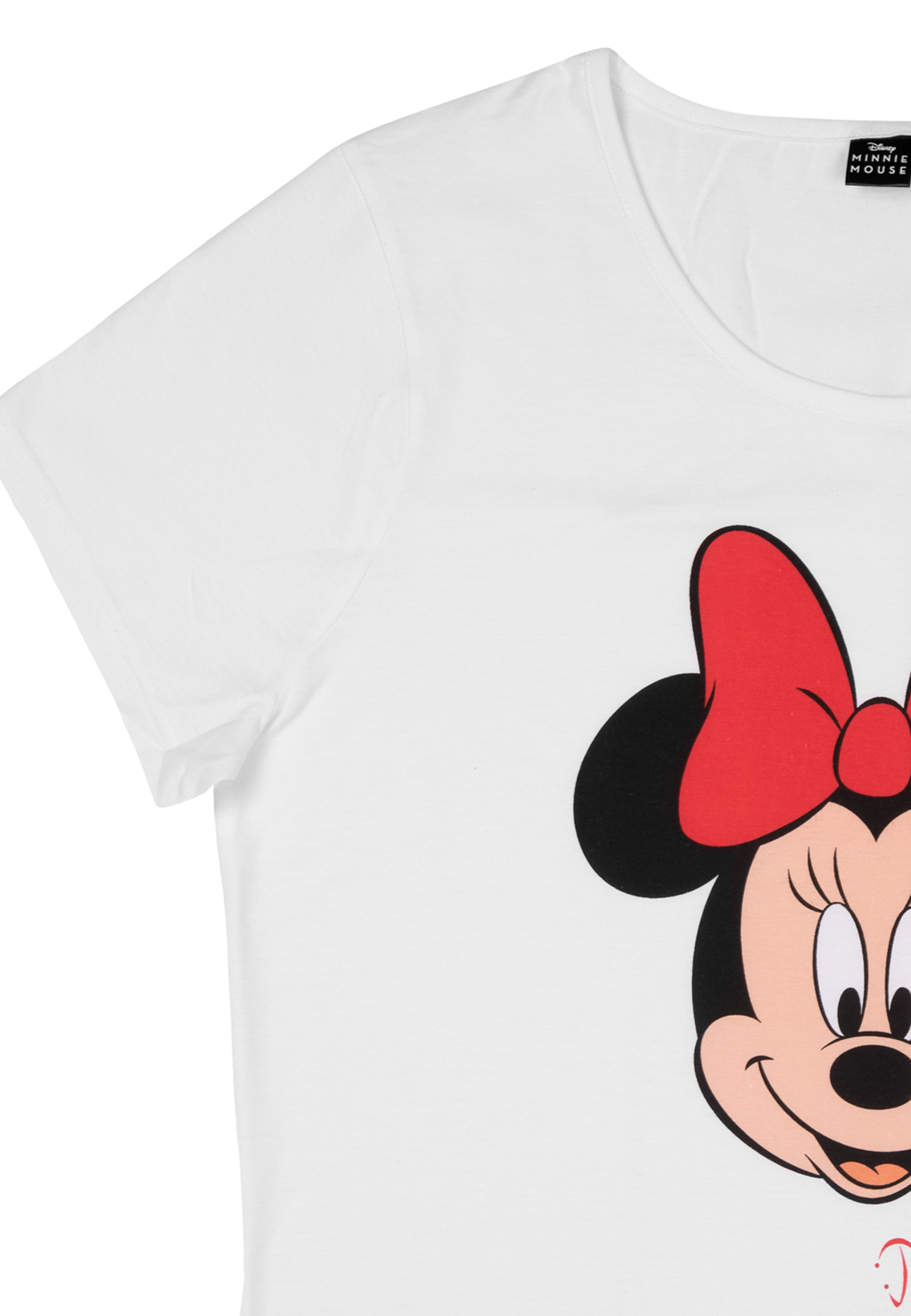 Weißes Minnie Mouse T-Shirt, Nahaufnahme von Minnie's Gesicht mit roter Schleife.