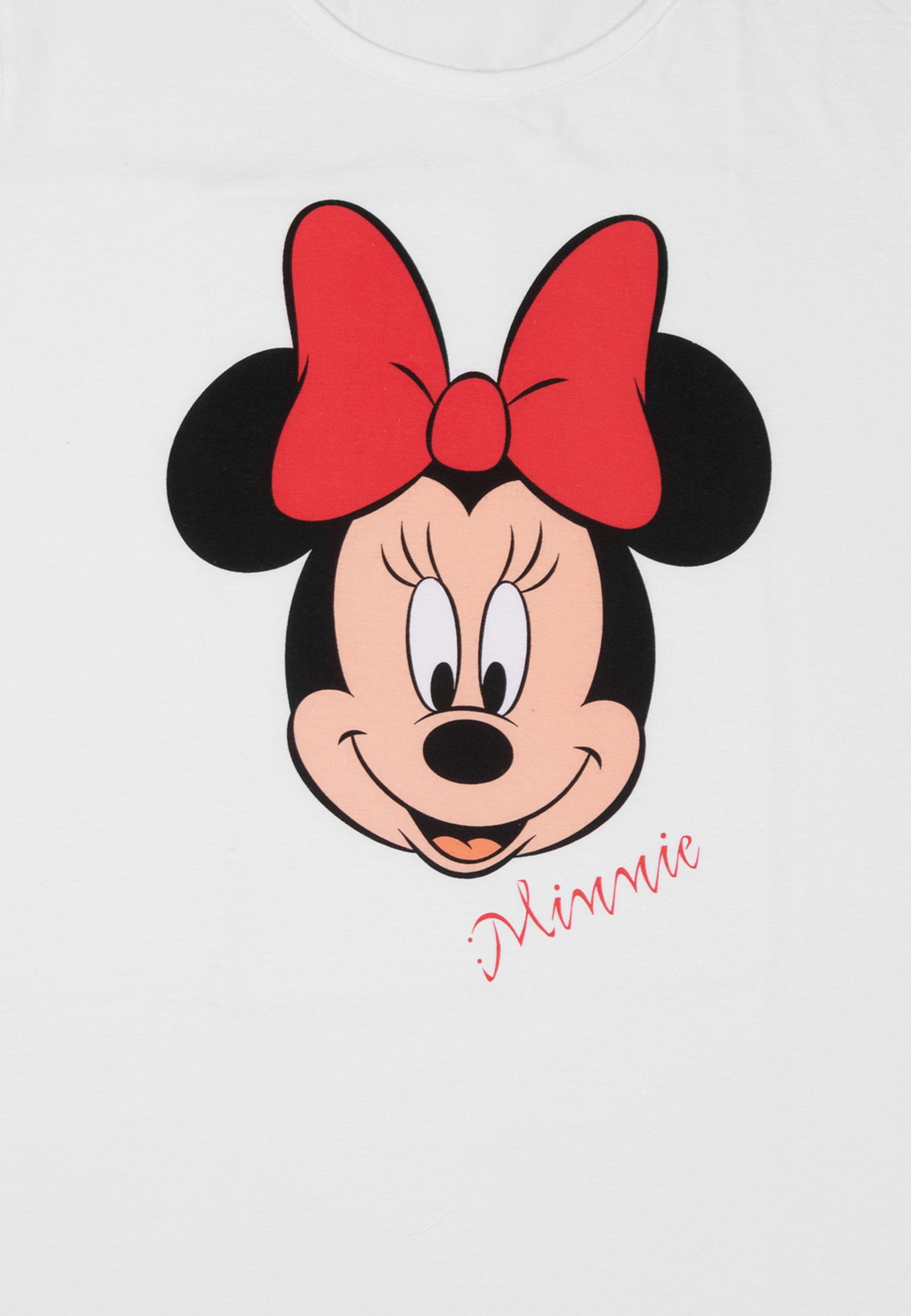 Minnie Mouse Gesicht auf weißem Shirt. Rote Schleife und Name 'Minnie' sichtbar.