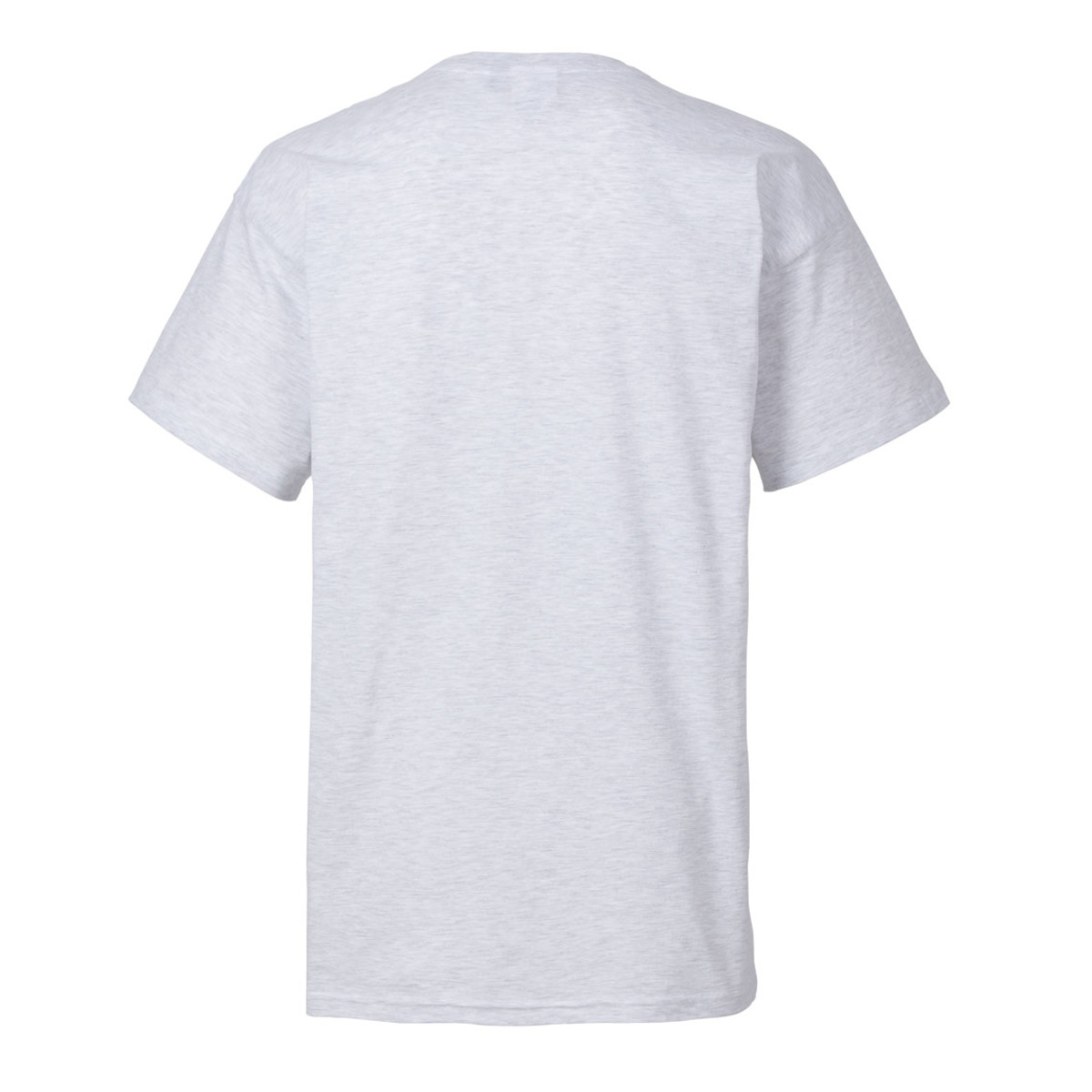 Ein schlichtes graues T-Shirt, von hinten betrachtet. Es ist ein kurzärmliges, schlichtes Design.