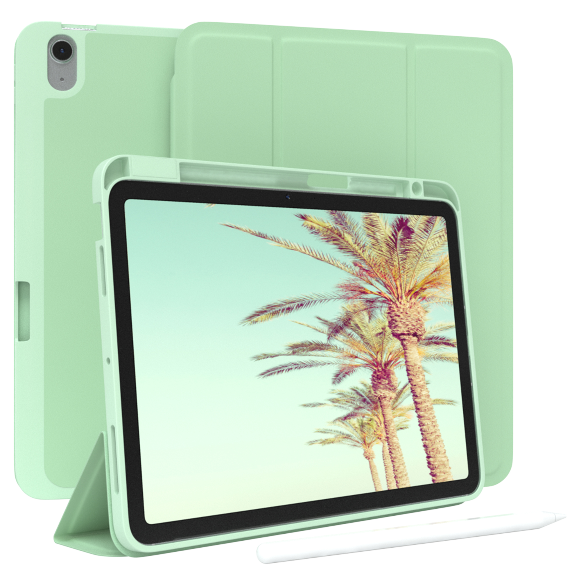 Ein Tablet in einem grünen Gehäuse mit Stift und tropischem Hintergrund.