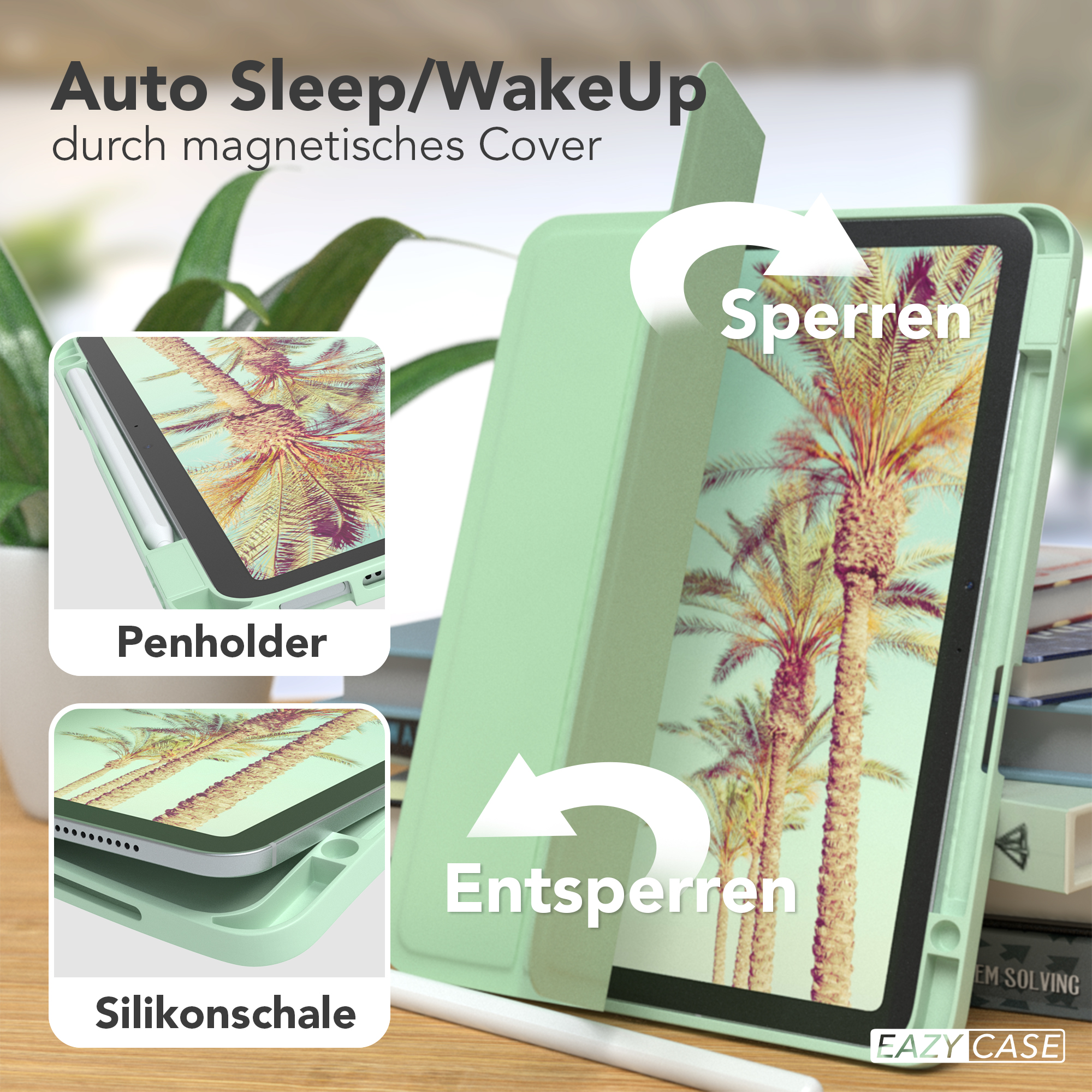 Eine mintgrüne Tablethülle mit Stift. Diagramme zeigen Öffnen/Schließen mit Pfeilen und eine Stifthalterung.