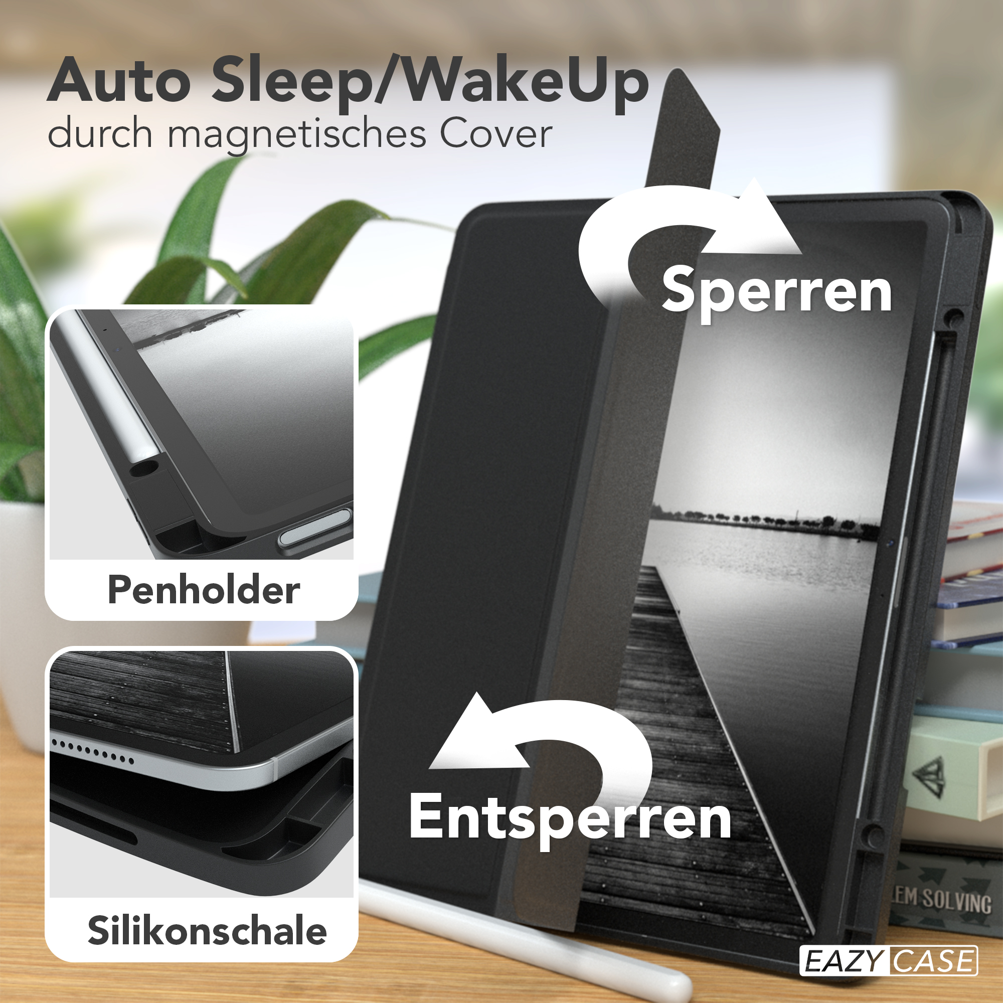 Eine schwarze Tablethülle mit Stifthalter, die offene und geschlossene Ansichten zeigt.