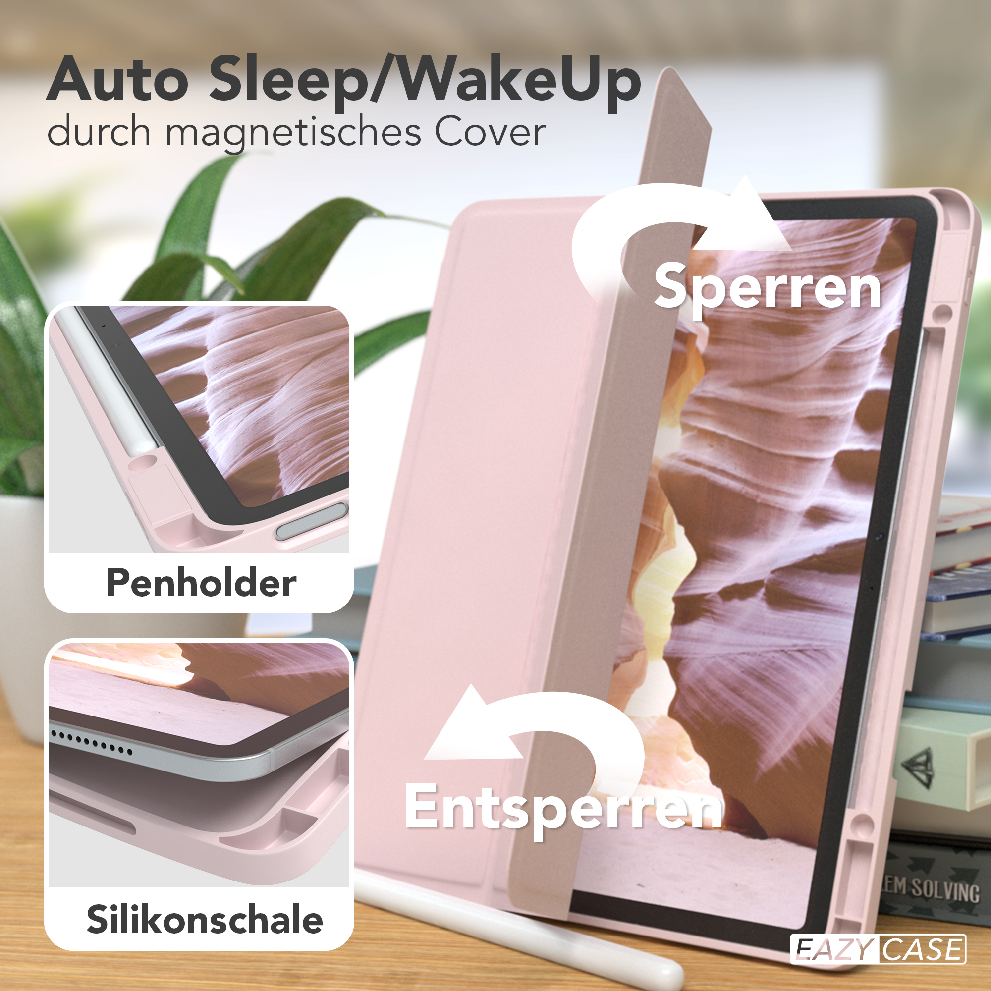 Eine rosa Tablethülle ist geöffnet, ein Stift ist darin, das Tablet zeigt eine Landschaft.