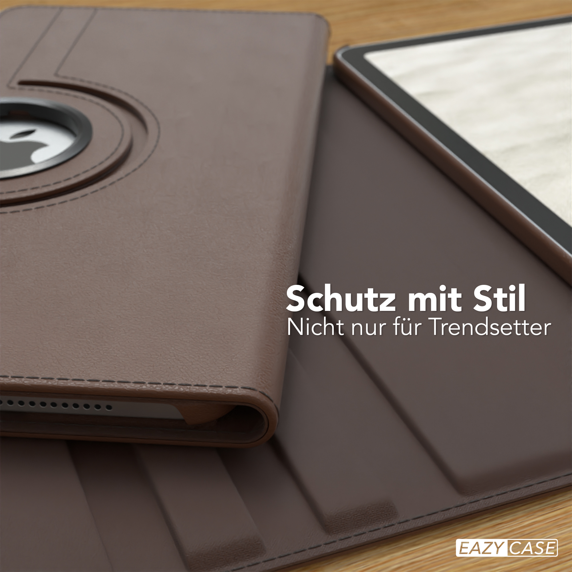 Braune Tablethülle mit Tablet. Text: 'Schutz mit Stil' und 'Nicht nur für Trendsetter'.