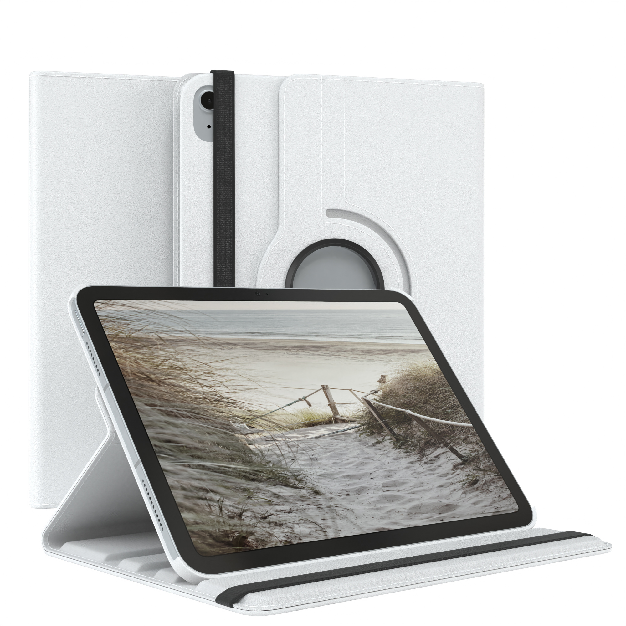 Weißes Tablet-Case mit Tablet, das eine Strandszene zeigt, und weißem Ständer auf weißem Untergrund.