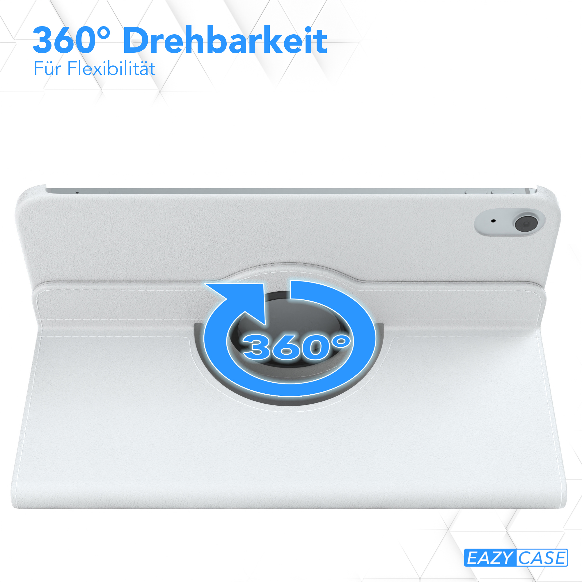 Weiße Tablethülle mit 360-Grad-Drehgelenk. Die Hülle befindet sich auf einem hellgrünen Hintergrund.