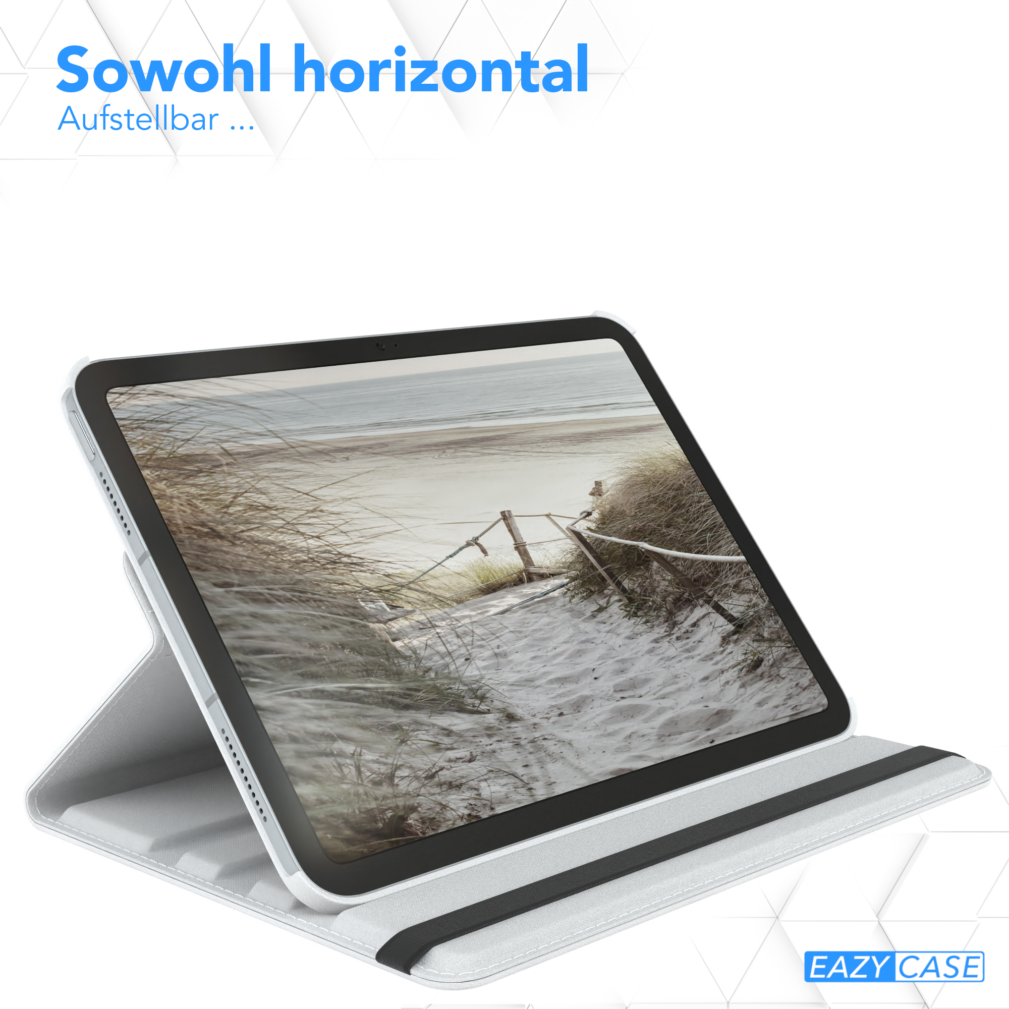 Ein Tablet in einer Hülle, horizontal aufgestellt. Die Hülle ist weiß.