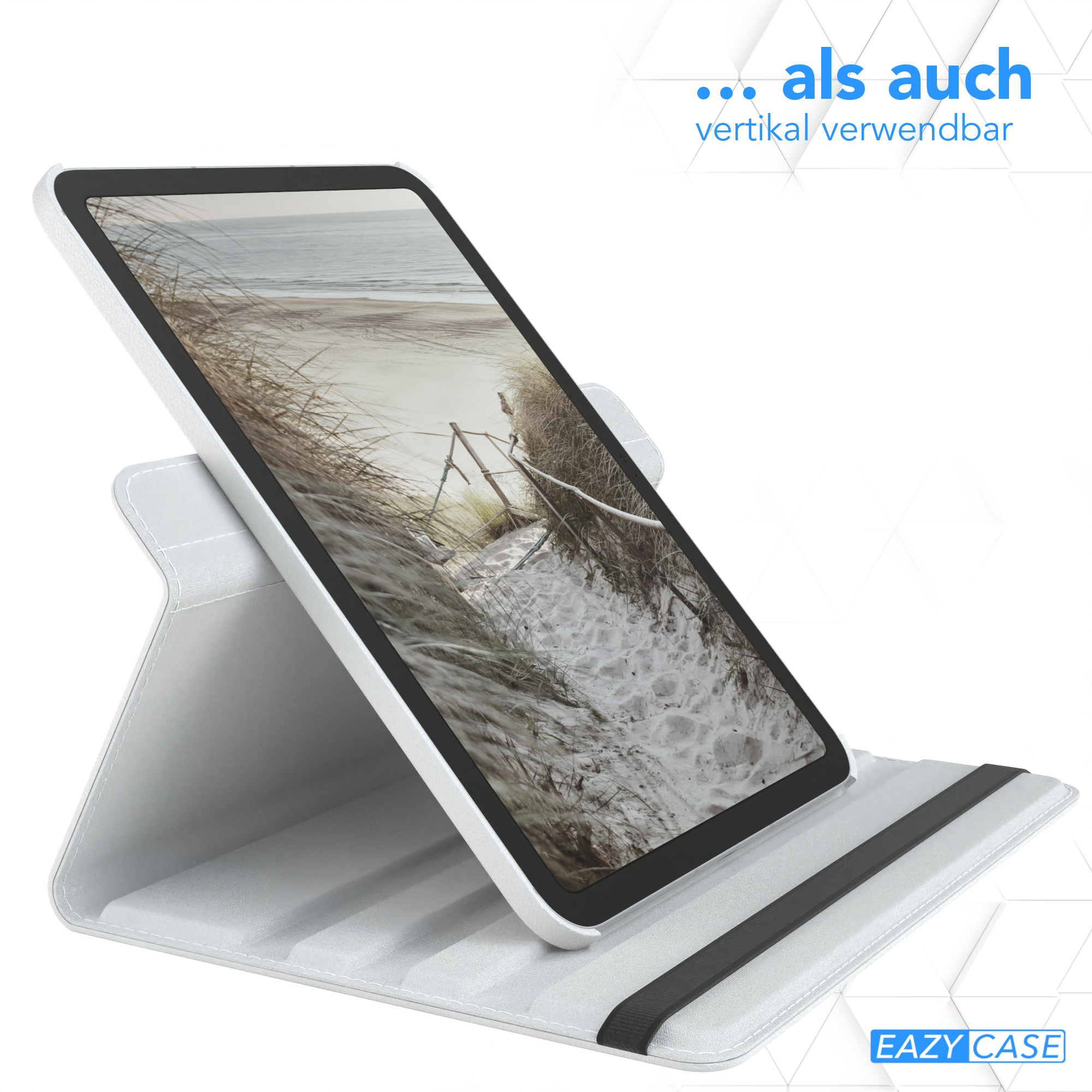 Tablet in einem weißen Gehäuse, schräg aufgestellt.