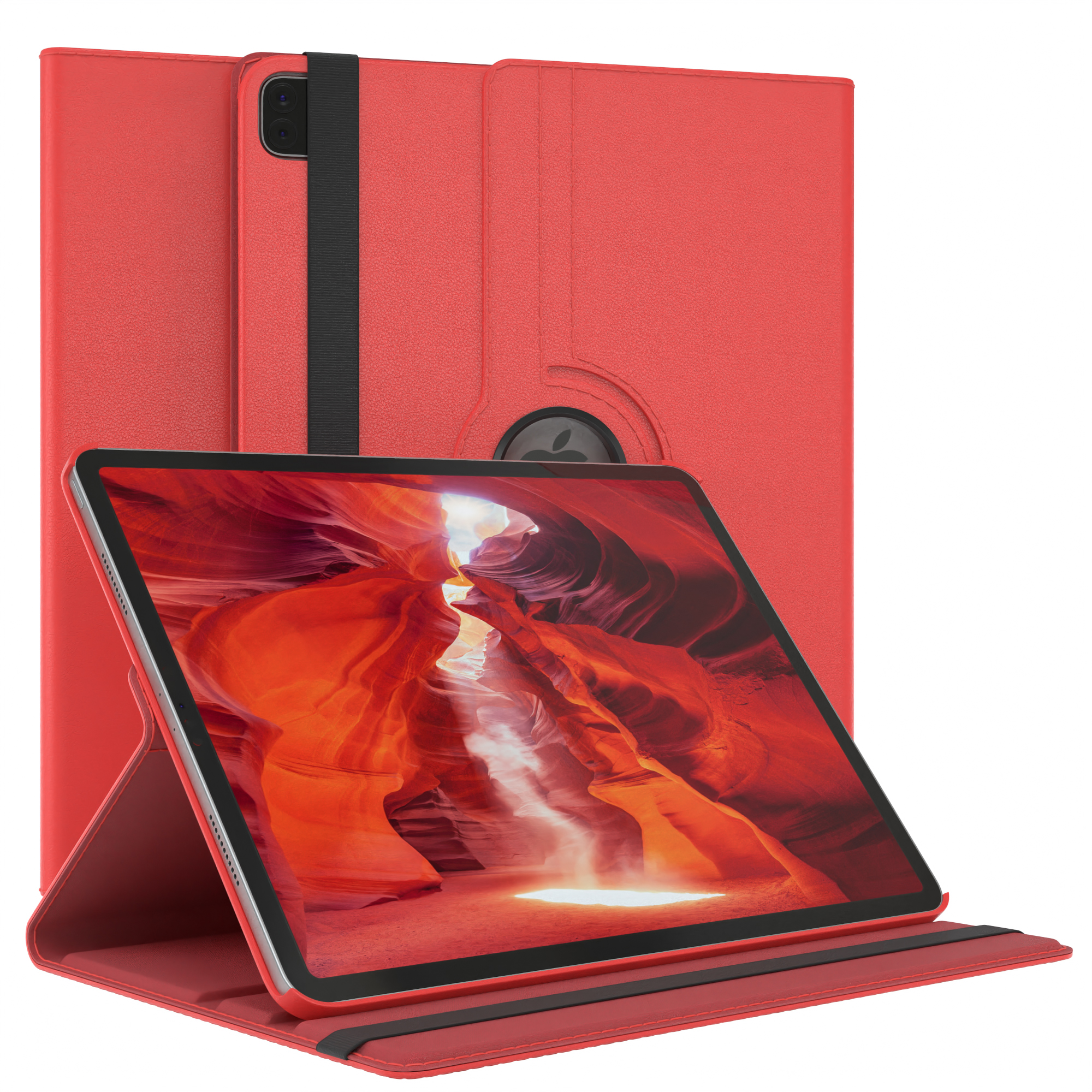 Rotes Tablet in einer roten Hülle mit schwarzem Gummiband. Der Tablet-Bildschirm ist sichtbar und zeigt einen Canyon.