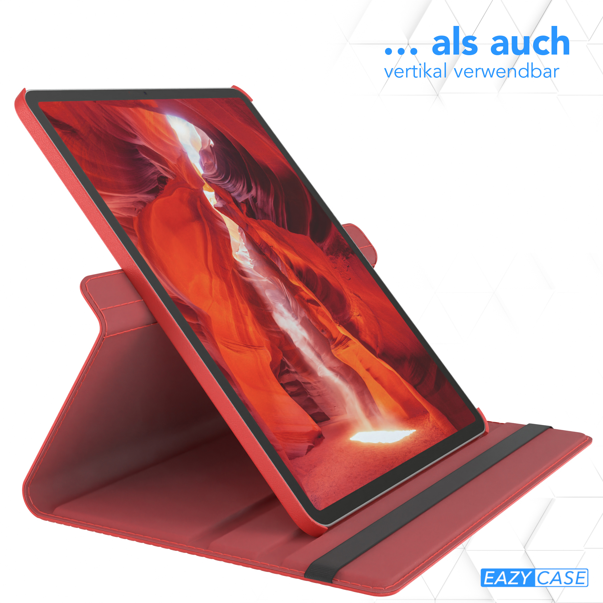 Tablet in roter Hülle, zeigt rote Canyonszene. Text auf Deutsch.