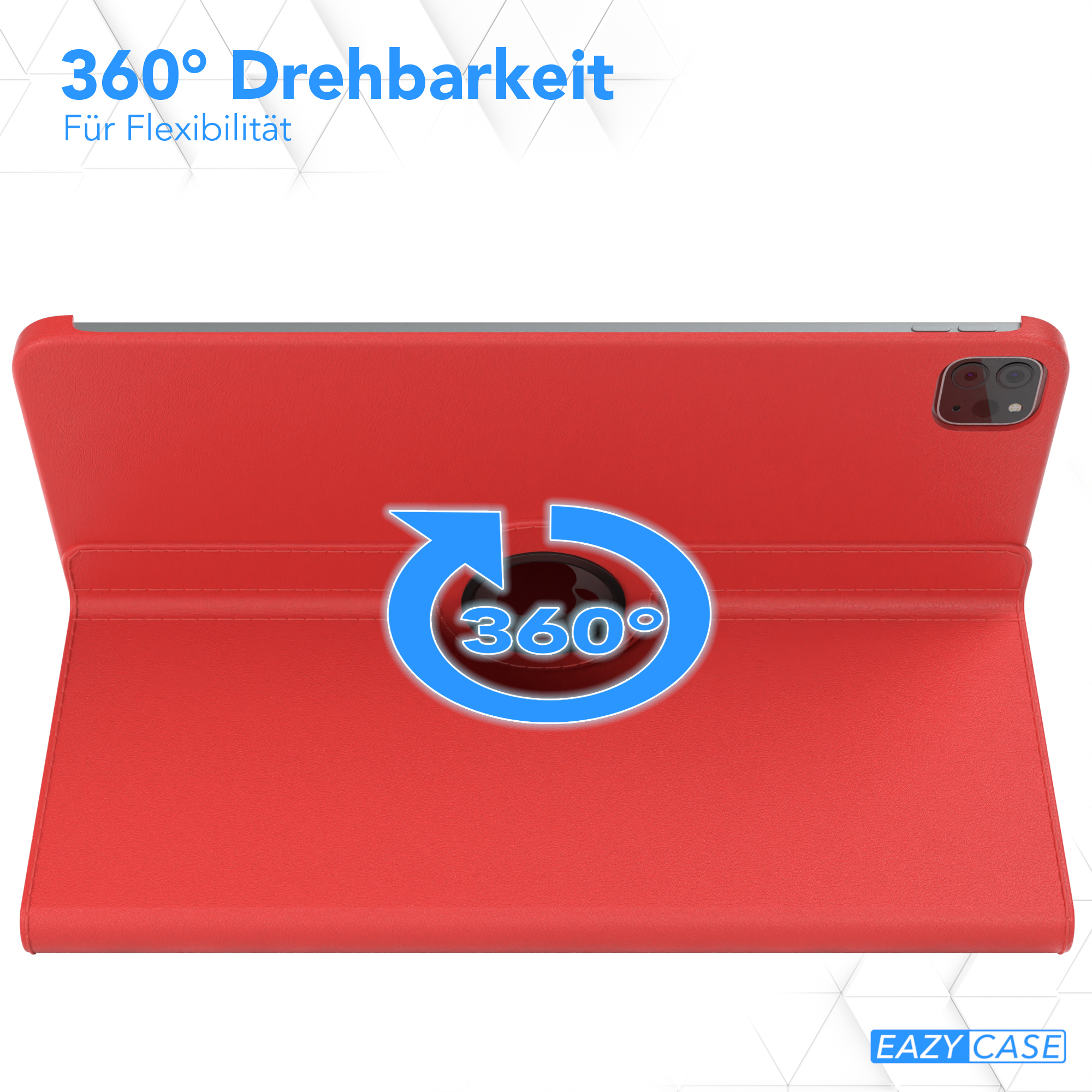 Rote Tablethülle mit 360°-Rotationssymbol.