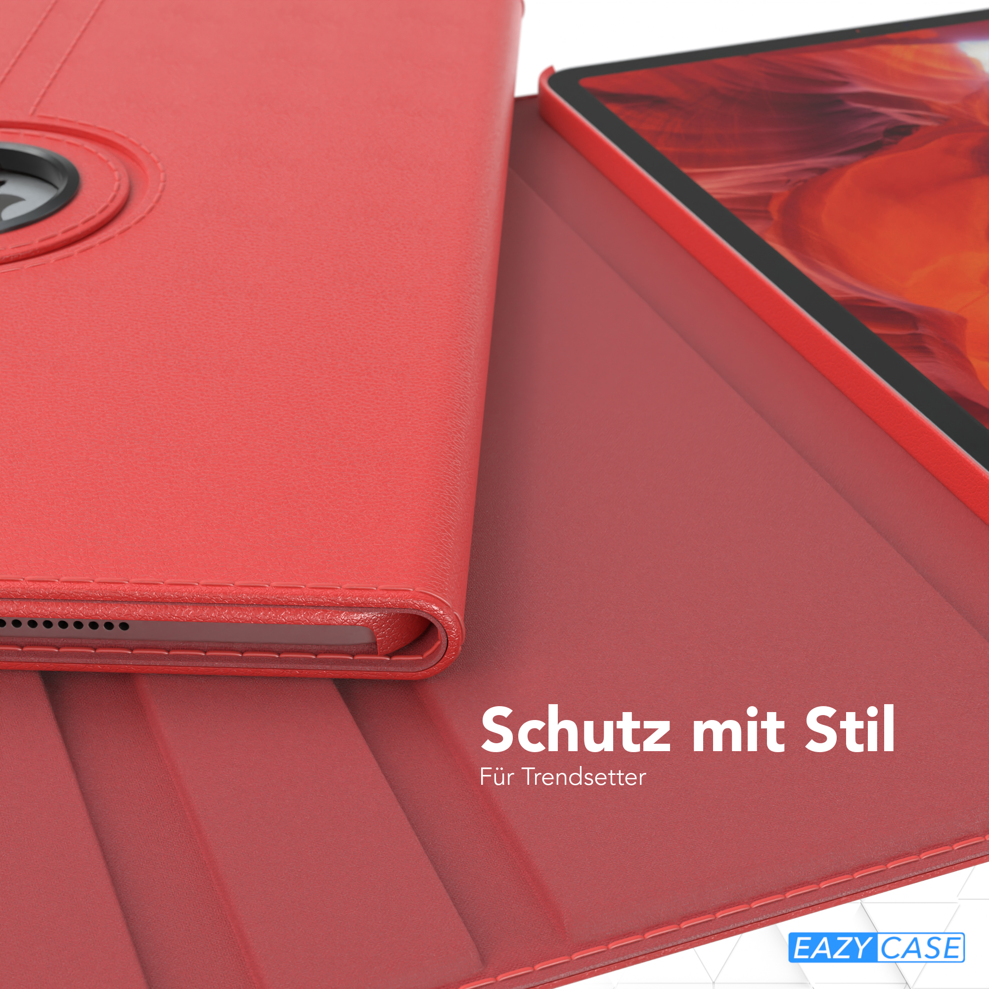 Rote Tablet-Hülle. Ein rotes Tablet ist darin. Text auf Deutsch: Schutz mit Stil.