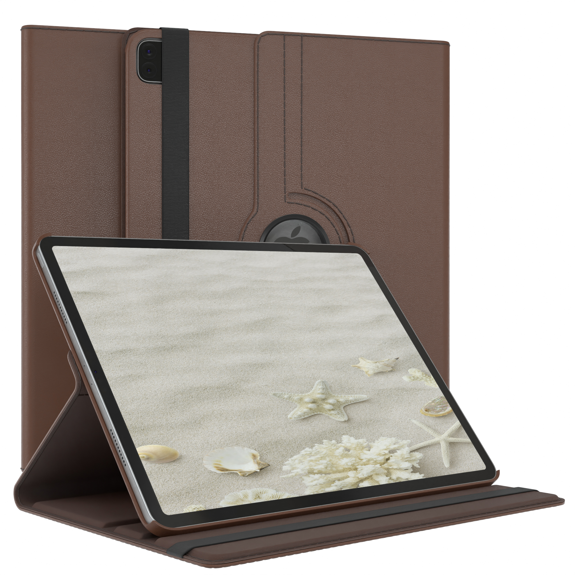 Braune Tablethülle mit Tablet, das eine Strandszene mit Muscheln und Seesternen zeigt.