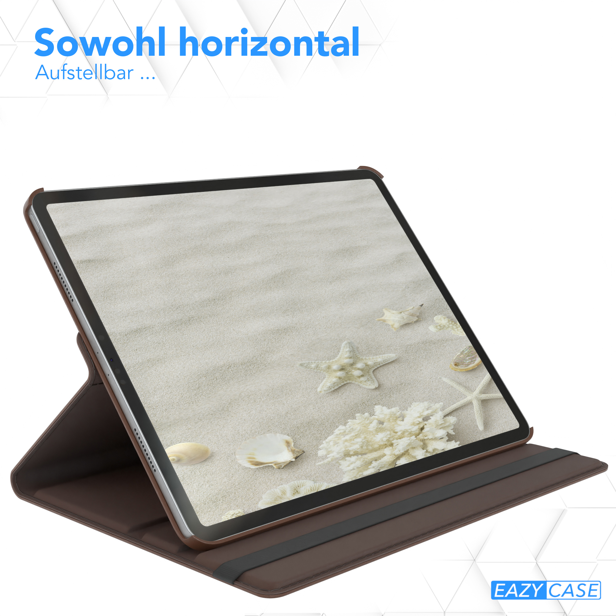 Tablet in Hülle. Braune lederartige Hülle geöffnet, Tablet zeigt Strand mit Seesternen und Muscheln.