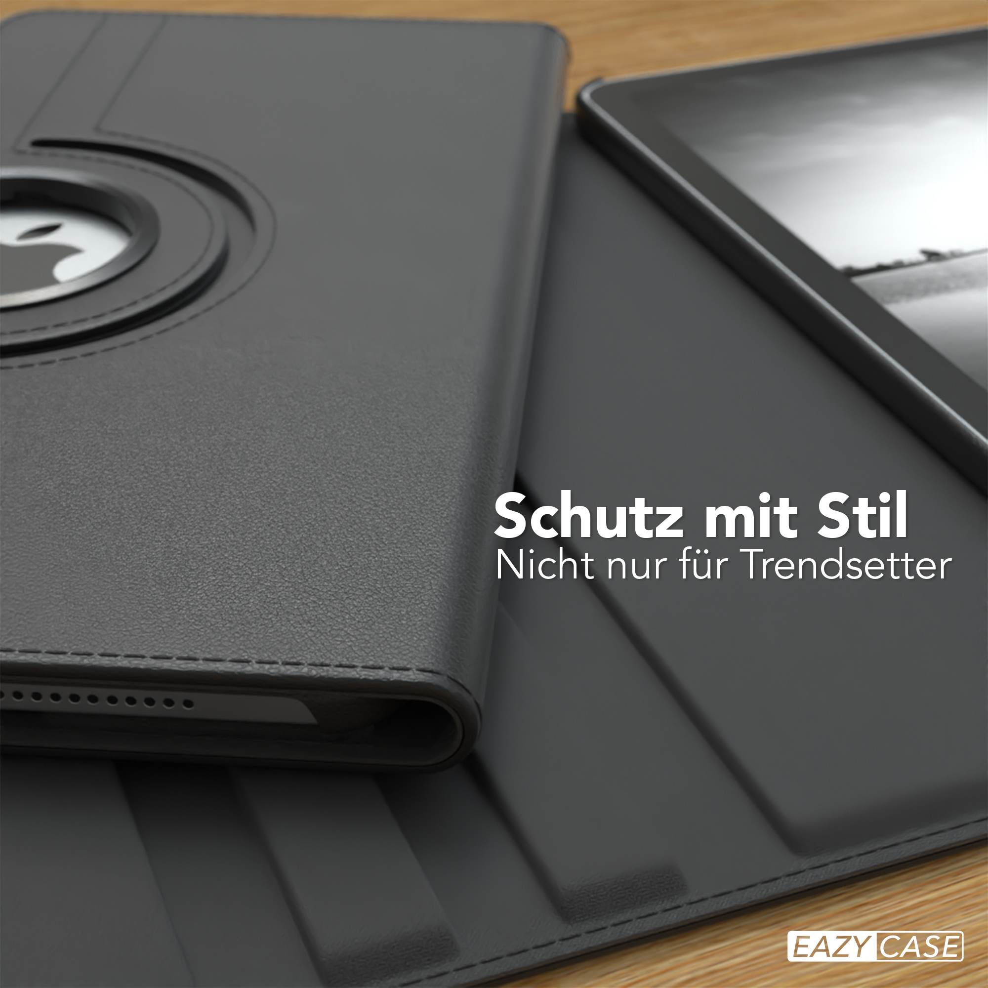 Tablet-Hülle, Nahaufnahme. Tablet in der Hülle, dunkelgrau. Apple-Logo sichtbar. Text: Schutz mit Stil.