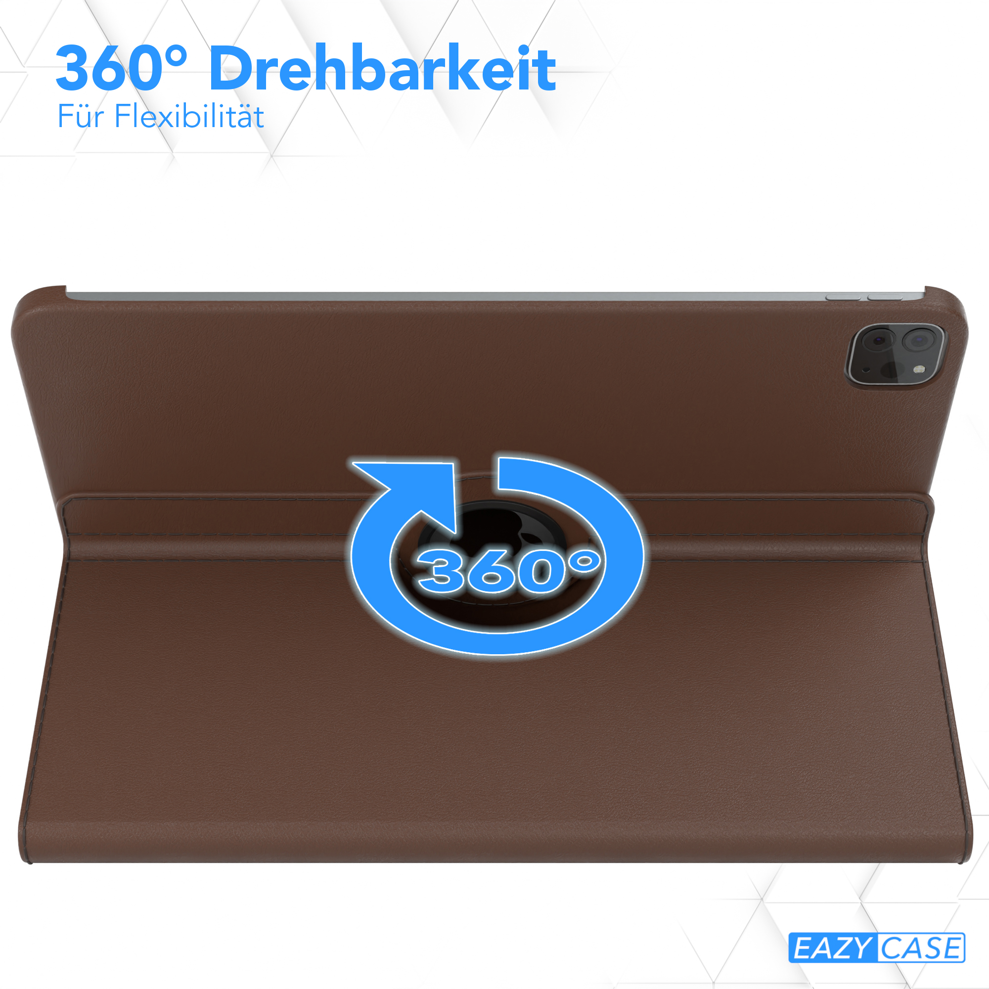 Braune Leder-Tablettasche mit blauem 360°-Drehsymbol, zeigt die Flexibilität der Hülle.